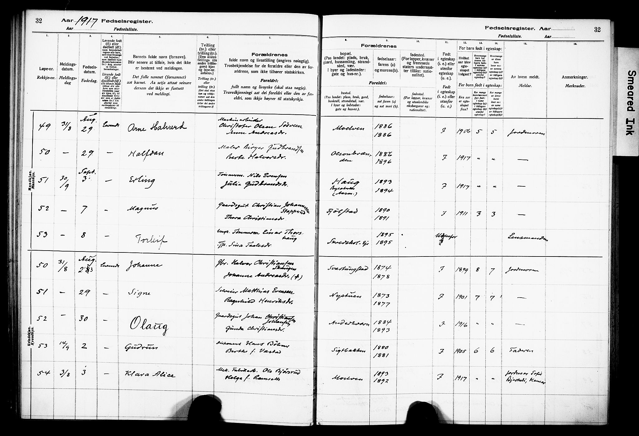 Ringsaker prestekontor, AV/SAH-PREST-014/O/Oa/L0001: Birth register no. 1, 1916-1925, p. 32