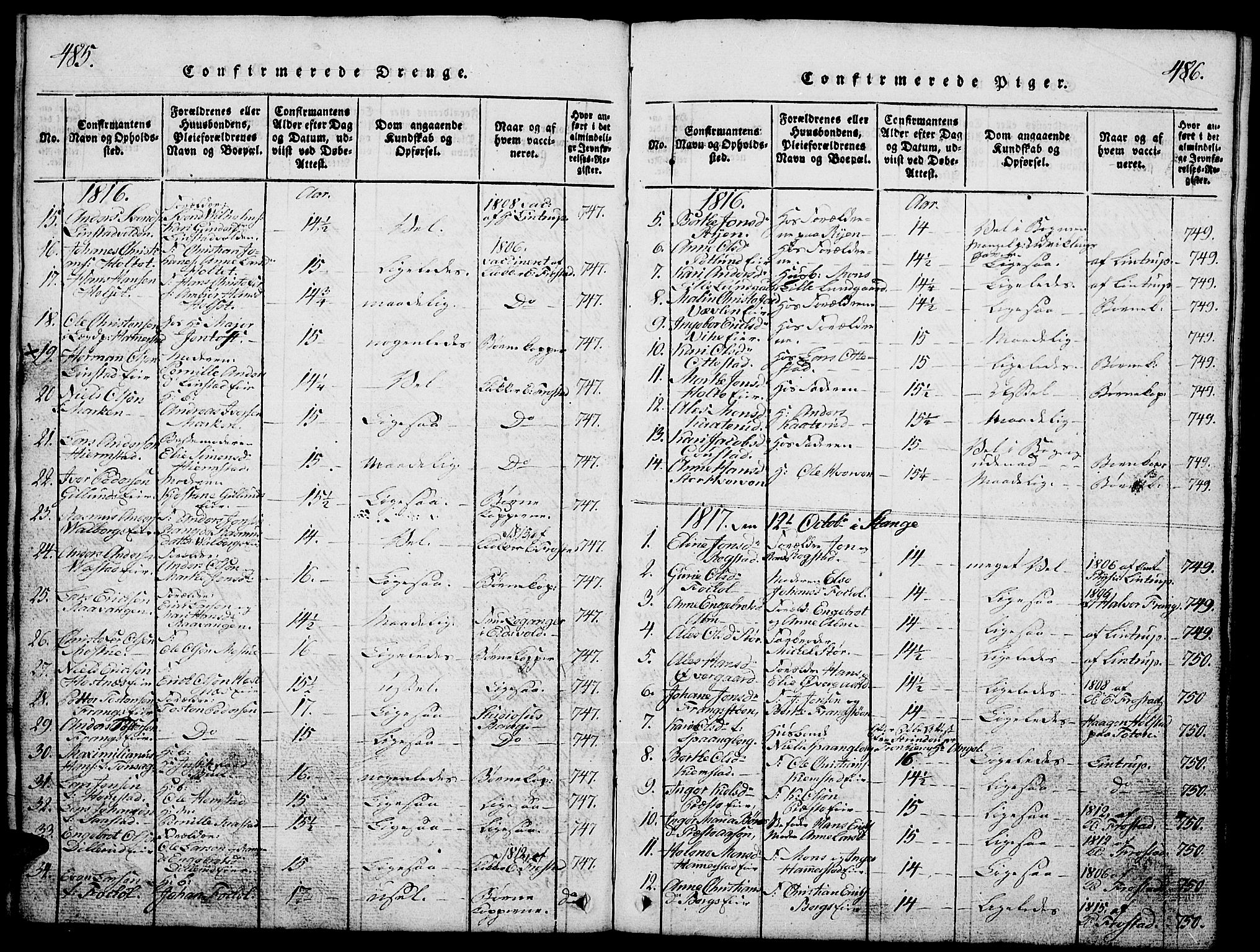 Stange prestekontor, SAH/PREST-002/L/L0001: Parish register (copy) no. 1, 1814-1825, p. 485-486