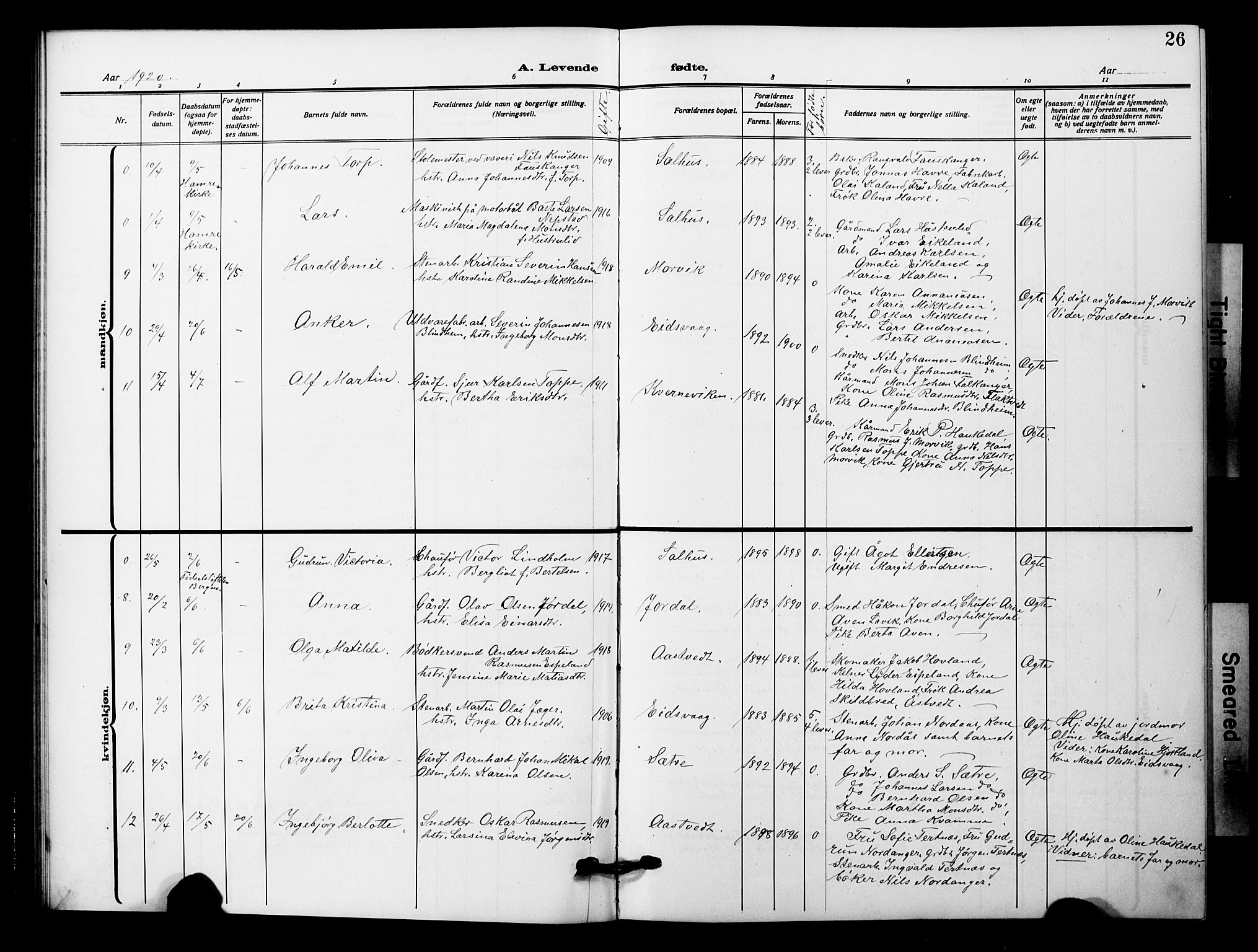 Åsane sokneprestembete, AV/SAB-A-79401/H/Hab: Parish register (copy) no. A 4, 1915-1927, p. 26