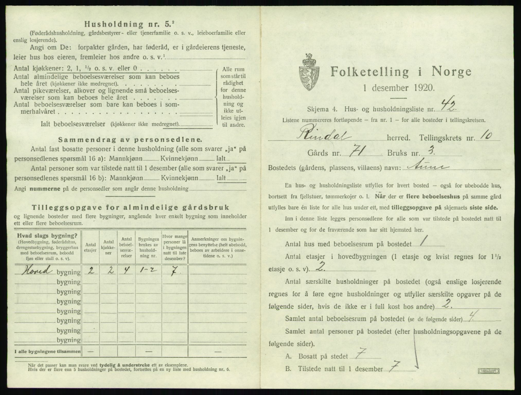 SAT, 1920 census for Rindal, 1920, p. 818