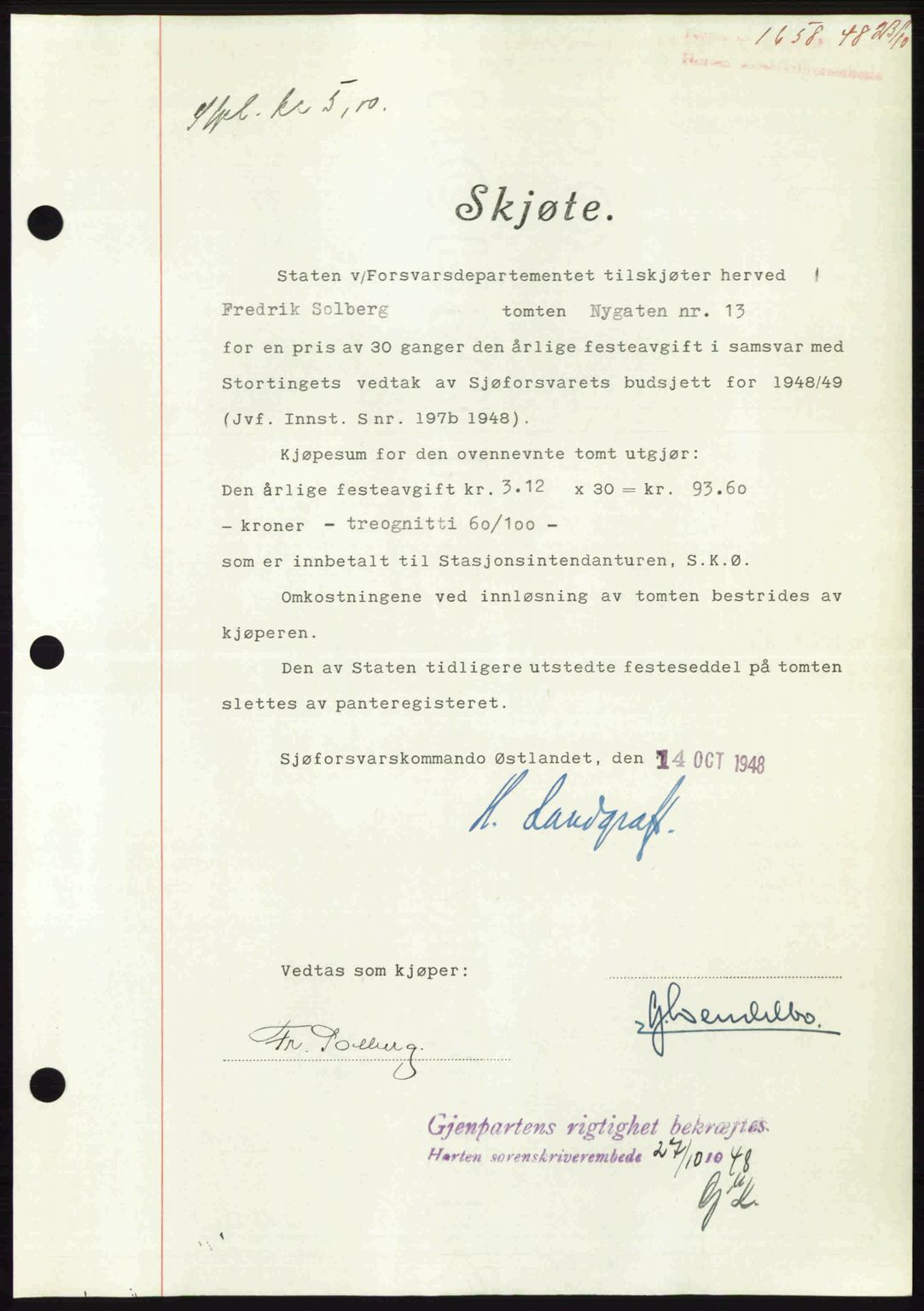 Horten sorenskriveri, AV/SAKO-A-133/G/Ga/Gaa/L0011: Mortgage book no. A-11, 1948-1948, Diary no: : 1658/1948