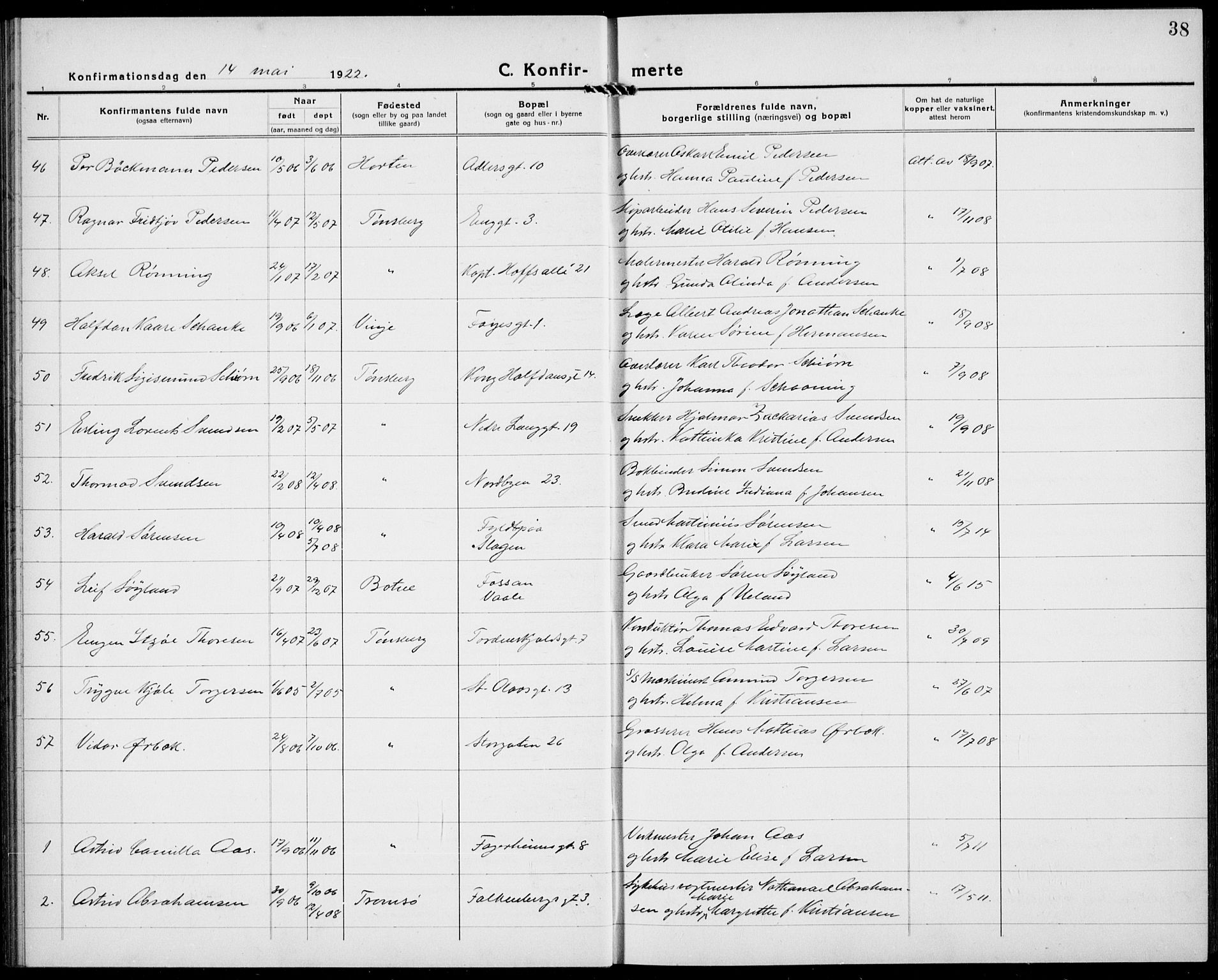 Tønsberg kirkebøker, AV/SAKO-A-330/G/Ga/L0013: Parish register (copy) no. 13, 1920-1929, p. 38
