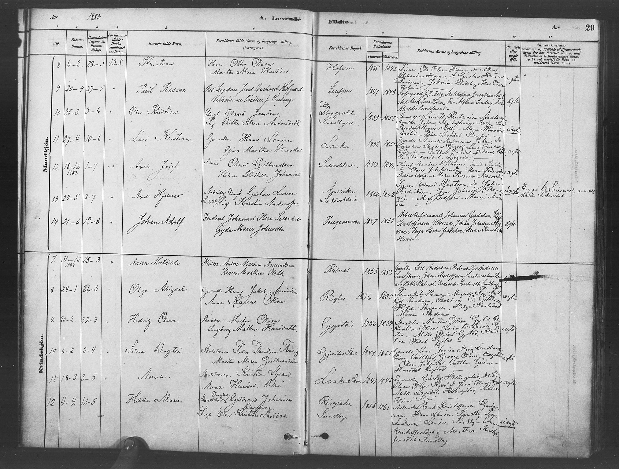 Ullensaker prestekontor Kirkebøker, AV/SAO-A-10236a/F/Fb/L0001: Parish register (official) no. II 1, 1878-1893, p. 29