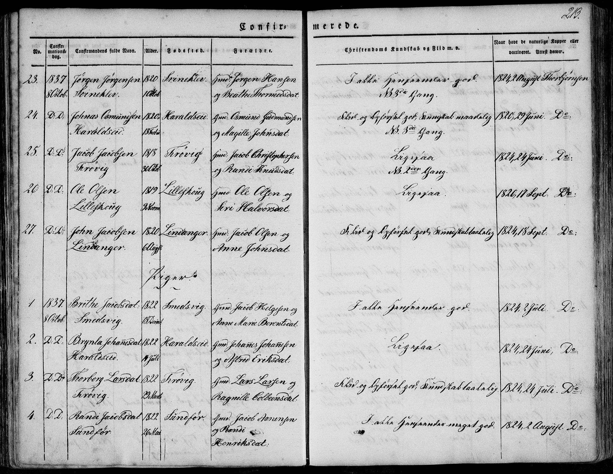 Skjold sokneprestkontor, AV/SAST-A-101847/H/Ha/Haa/L0006: Parish register (official) no. A 6.1, 1835-1858, p. 213