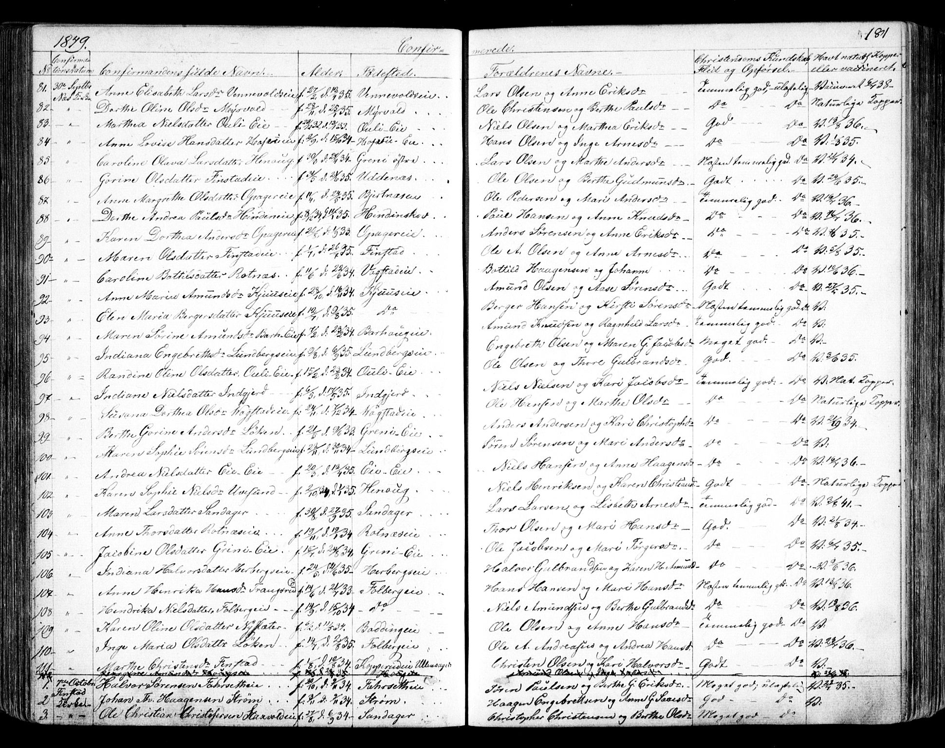 Nes prestekontor Kirkebøker, AV/SAO-A-10410/F/Fa/L0007: Parish register (official) no. I 7, 1846-1858, p. 181