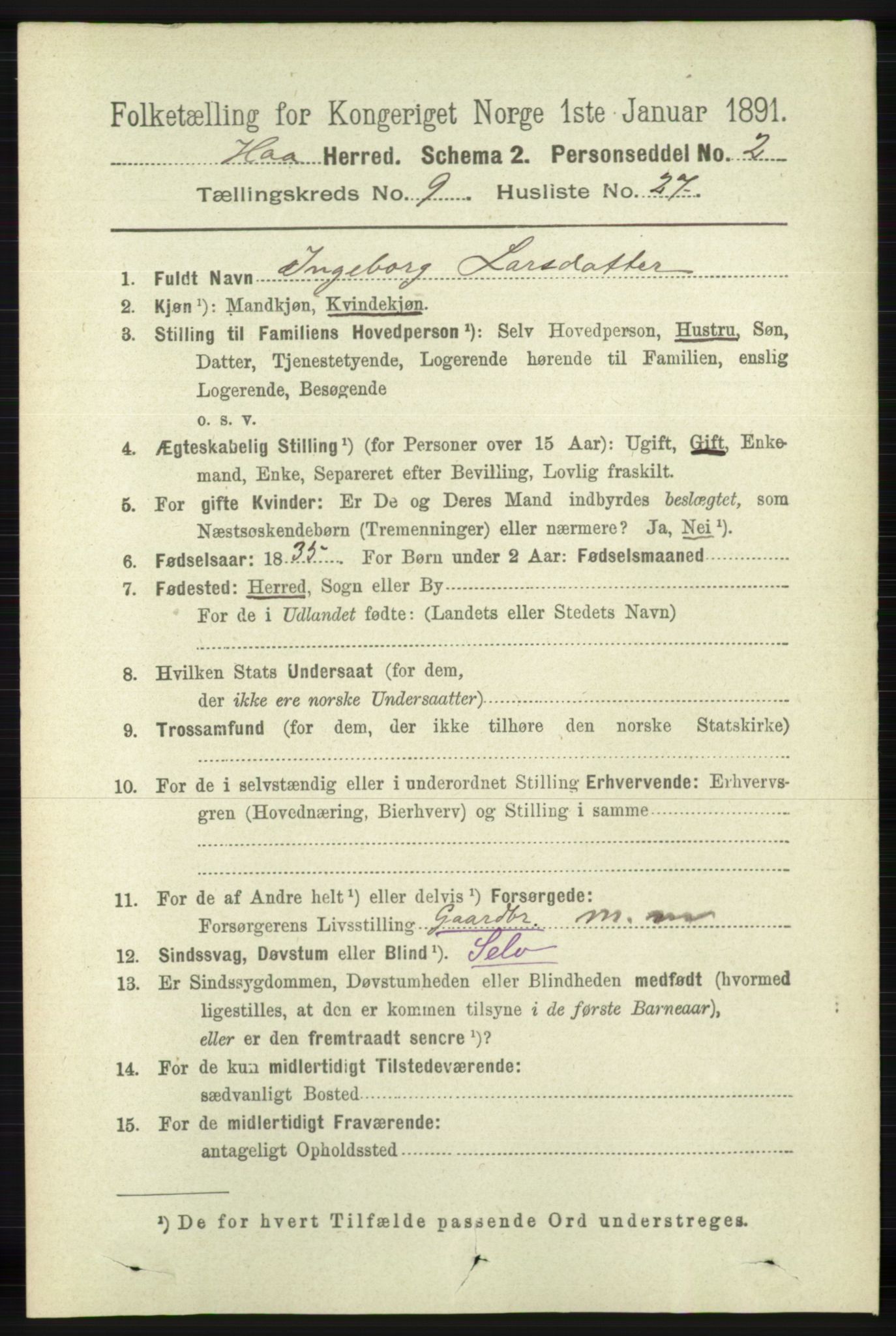 RA, 1891 census for 1119 Hå, 1891, p. 2364