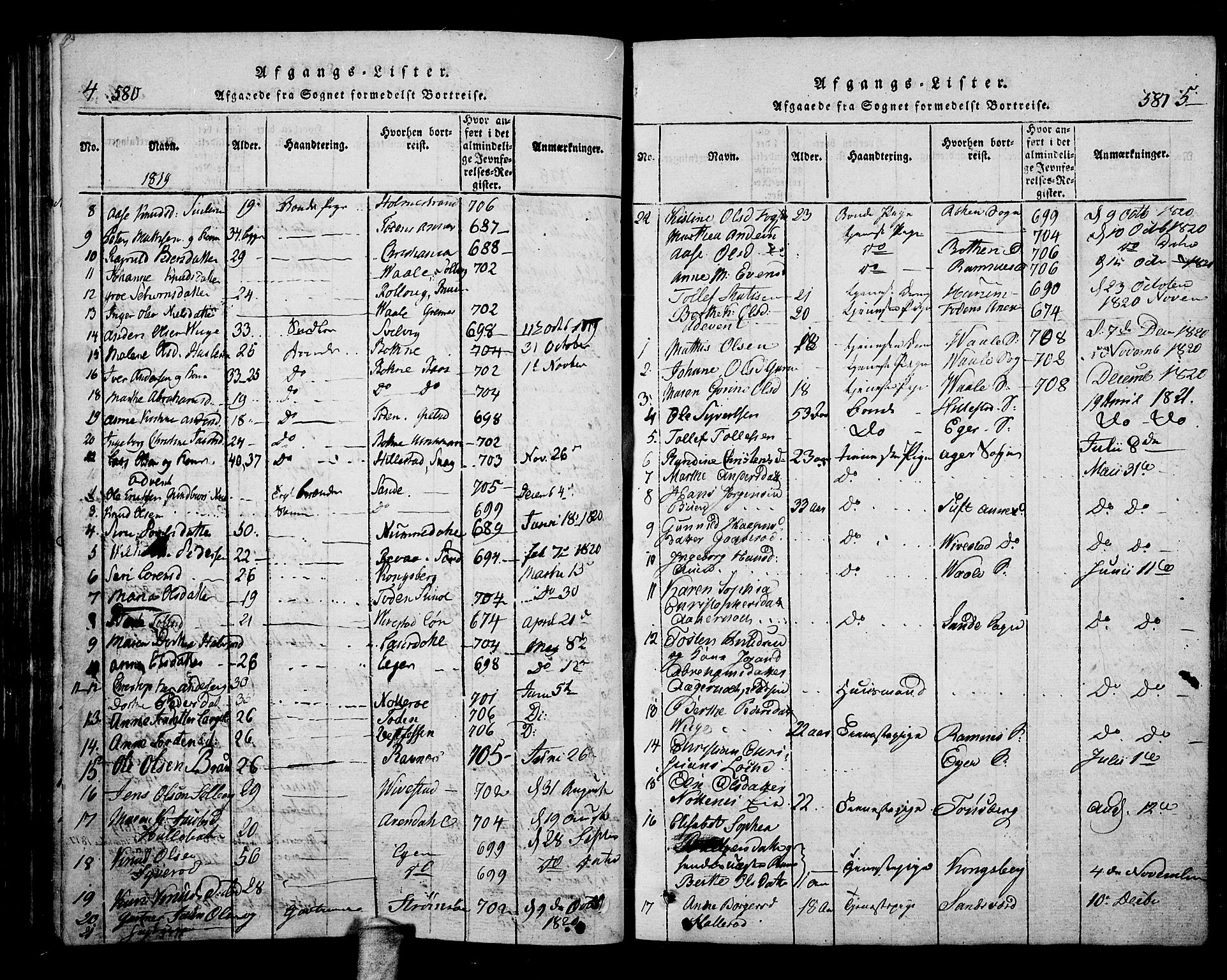 Hof kirkebøker, SAKO/A-64/F/Fa/L0004: Parish register (official) no. I 4, 1814-1843, p. 580-581