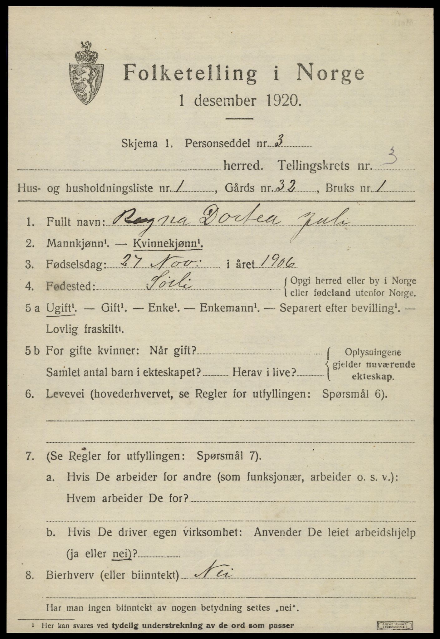 SAT, 1920 census for Sørli, 1920, p. 1067