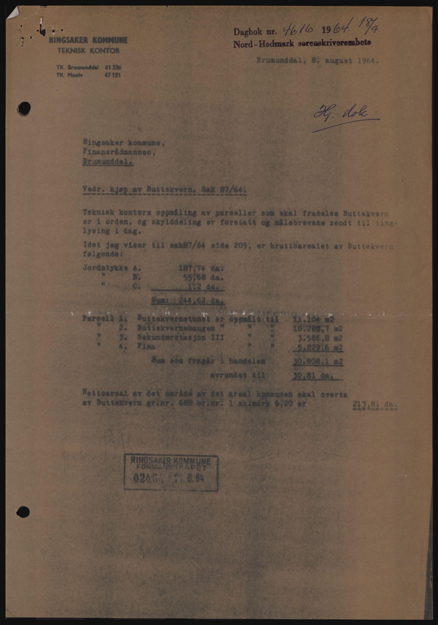 Nord-Hedmark sorenskriveri, SAH/TING-012/H/Hc/L0020: Mortgage book no. 20, 1964-1964, Diary no: : 4616/1964