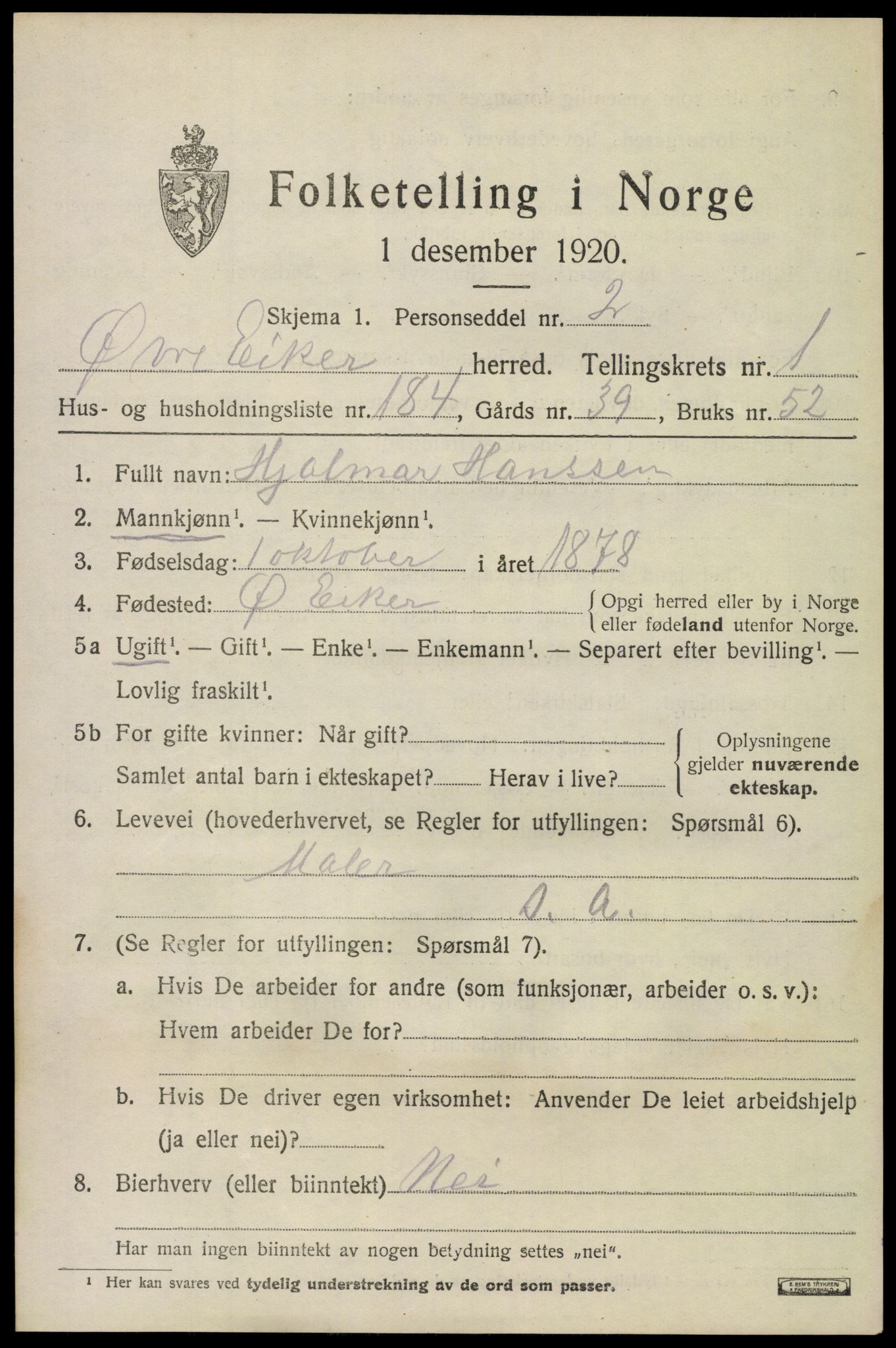 SAKO, 1920 census for Øvre Eiker, 1920, p. 6312