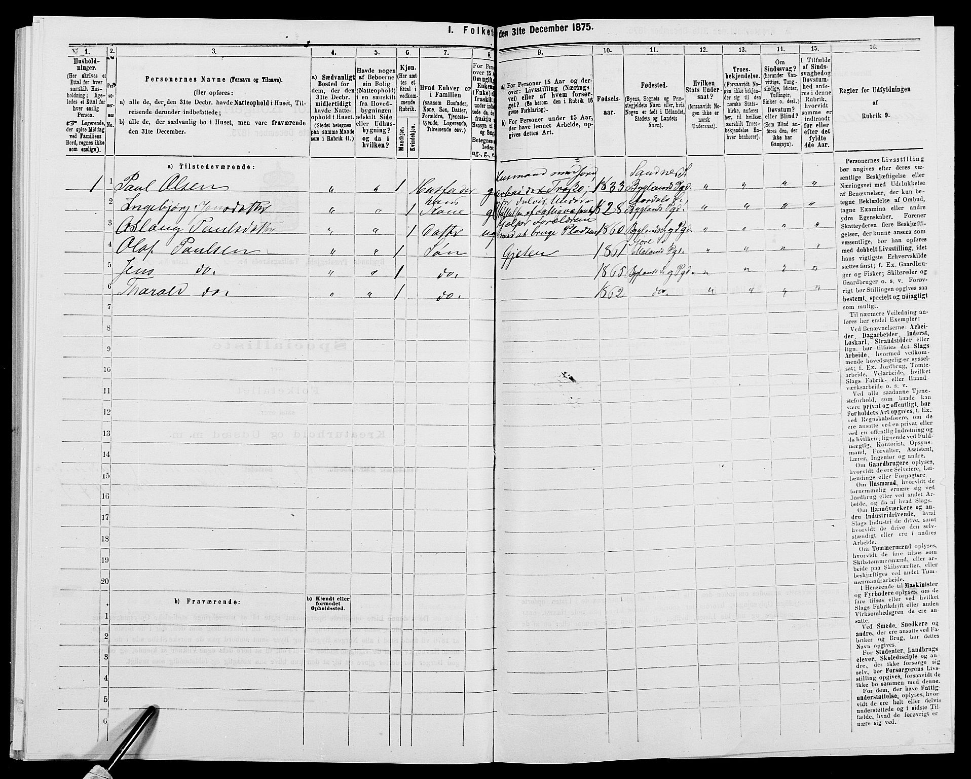 SAK, 1875 census for 0938P Bygland, 1875, p. 586