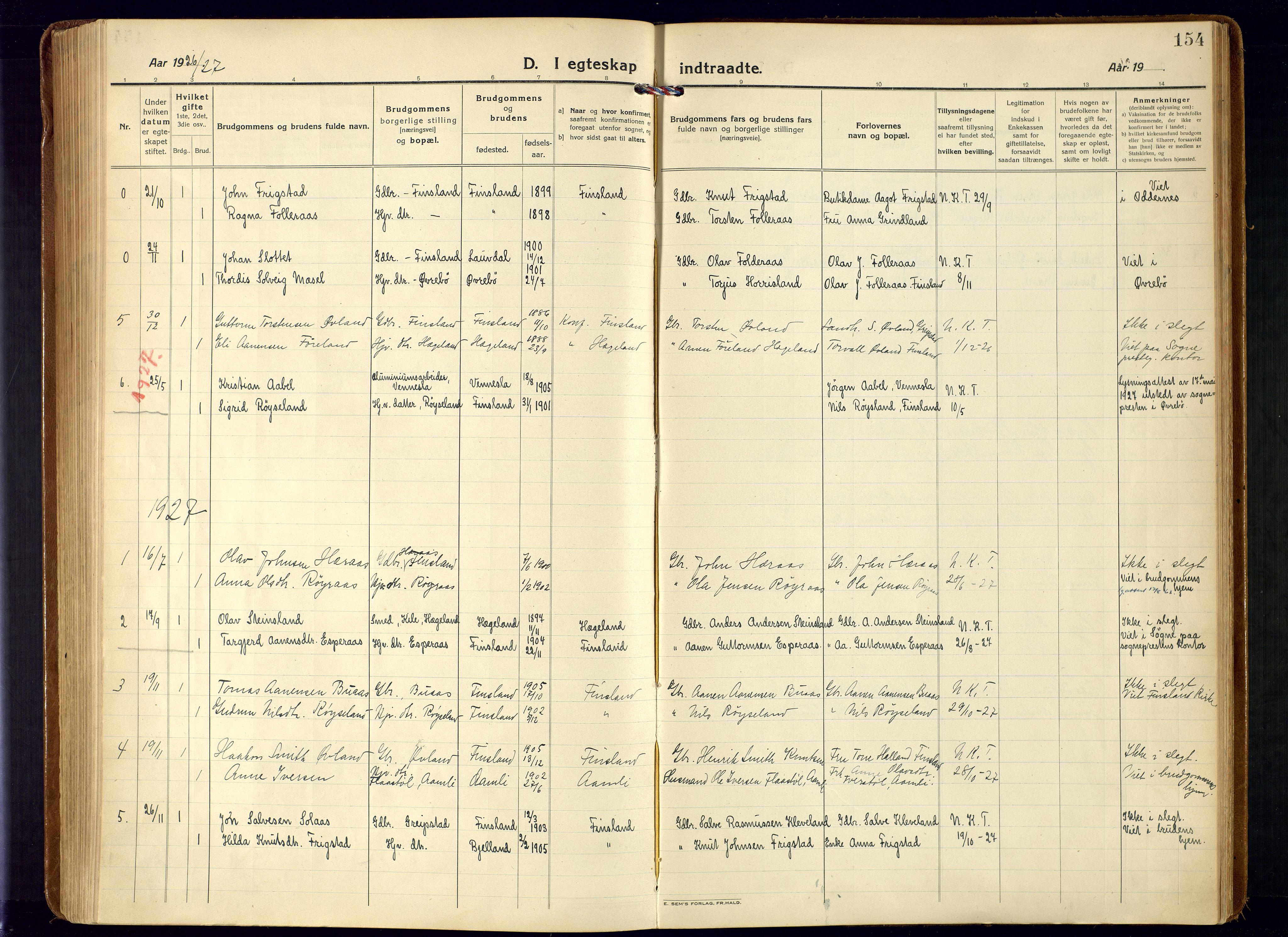 Bjelland sokneprestkontor, SAK/1111-0005/F/Fa/Fab/L0005: Parish register (official) no. A 5, 1921-1951, p. 154