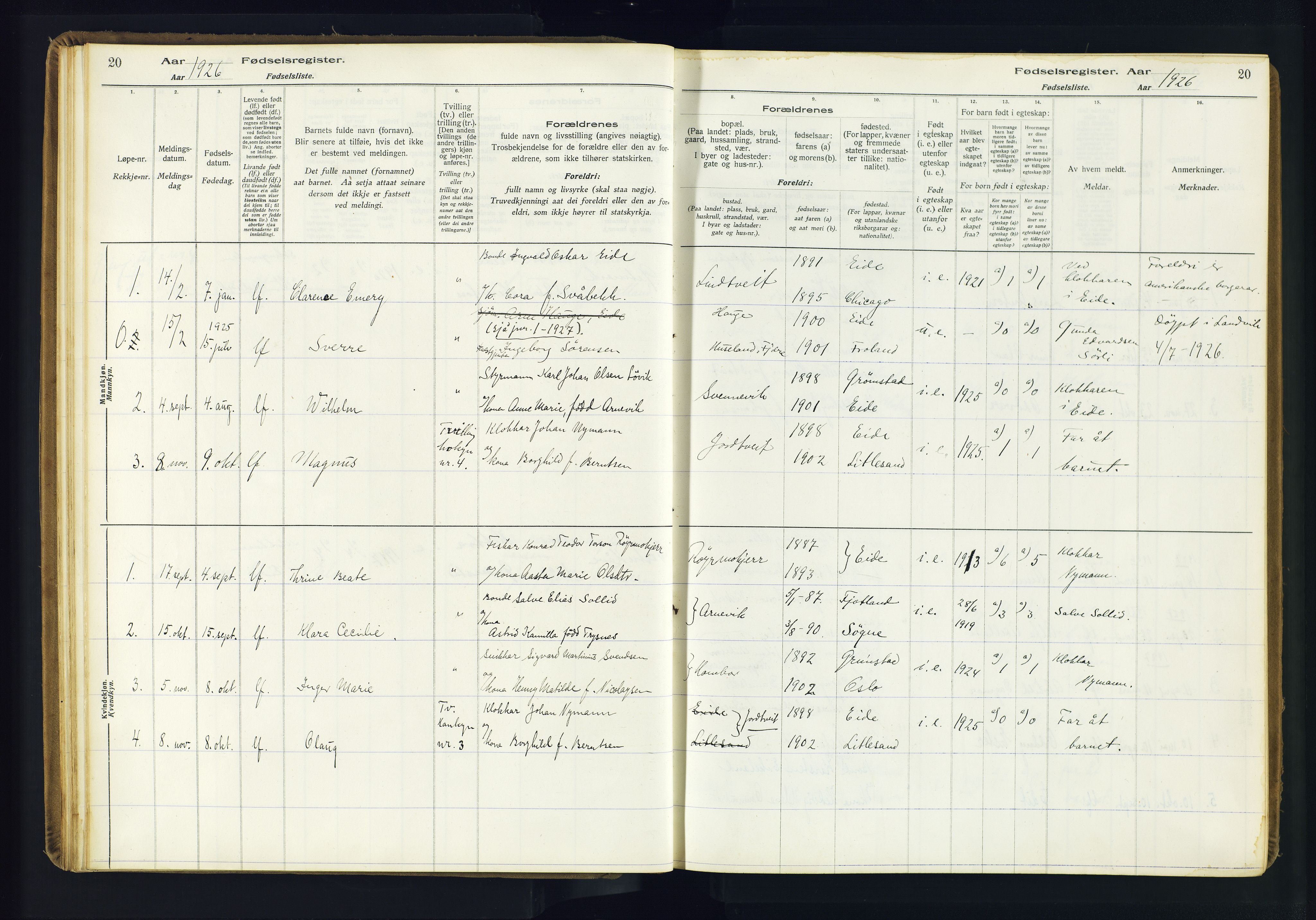 Hommedal sokneprestkontor, AV/SAK-1111-0023/J/Jd/L0003: Birth register no. 3, 1916-1982, p. 20