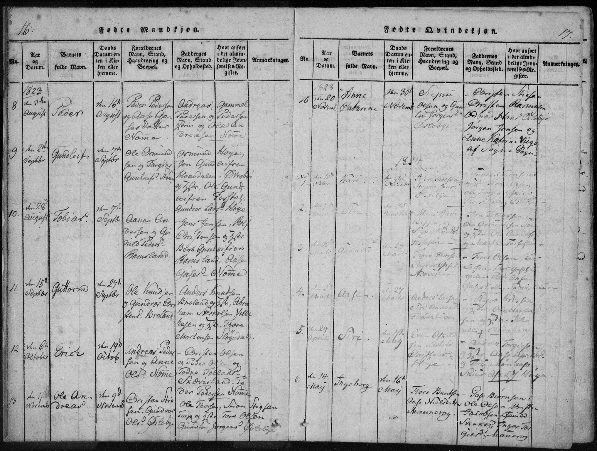 Holum sokneprestkontor, AV/SAK-1111-0022/F/Fa/Fac/L0002: Parish register (official) no. A 2, 1821-1859, p. 16-17