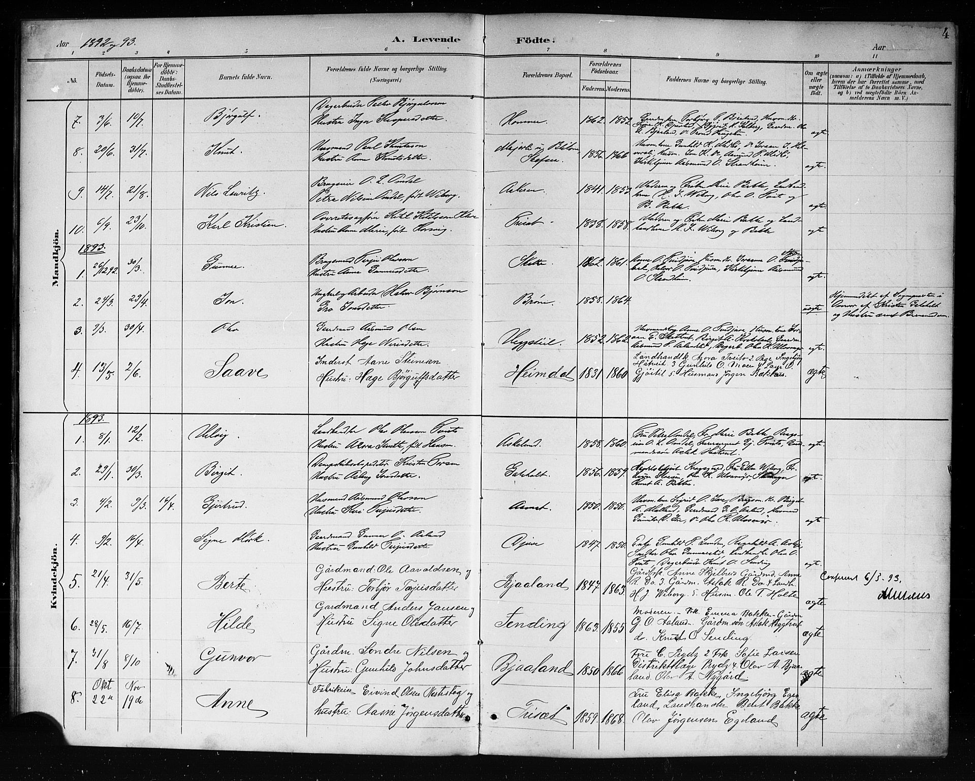 Lårdal kirkebøker, SAKO/A-284/G/Ga/L0003: Parish register (copy) no. I 3, 1891-1918, p. 4