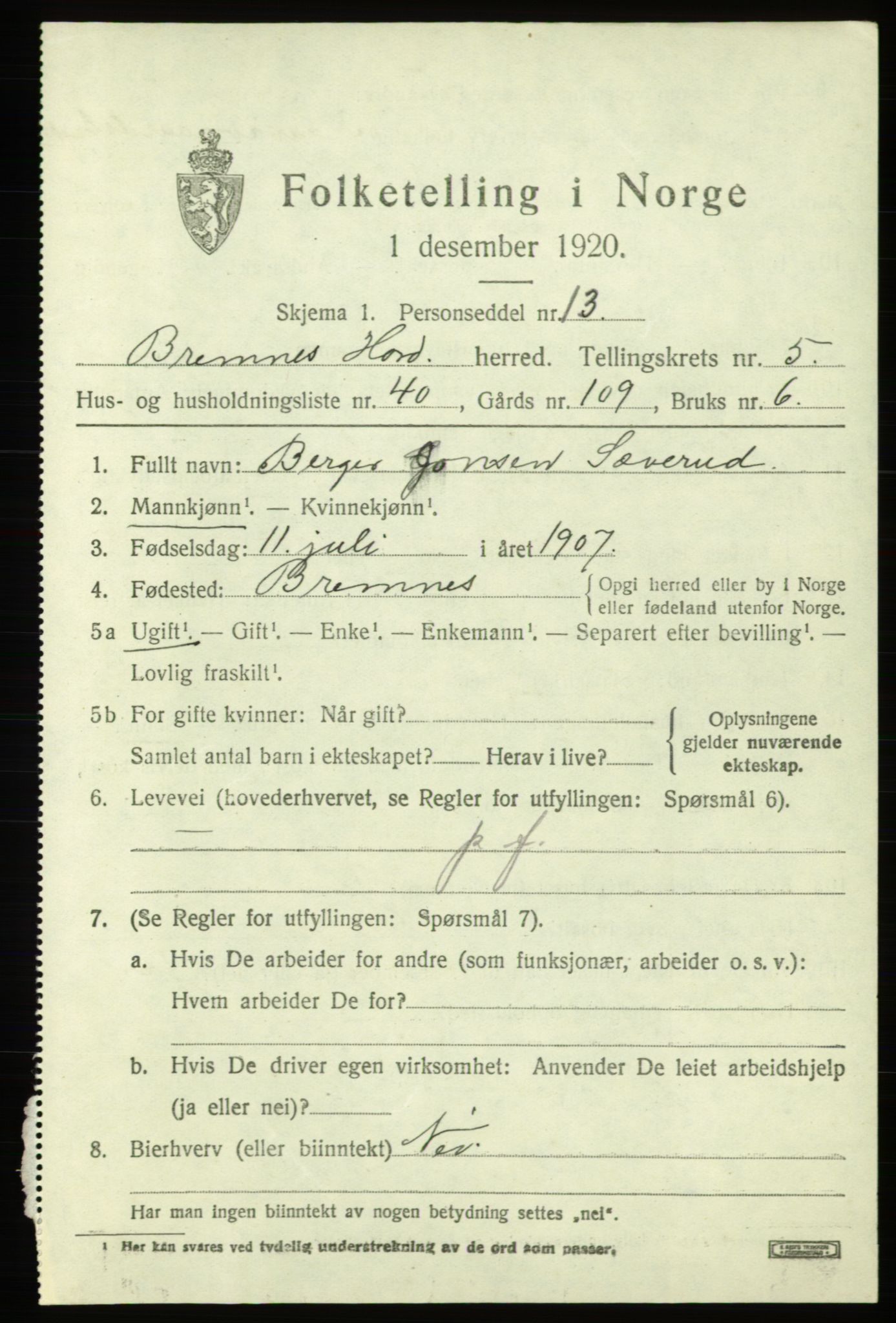 SAB, 1920 census for Bremnes, 1920, p. 3050