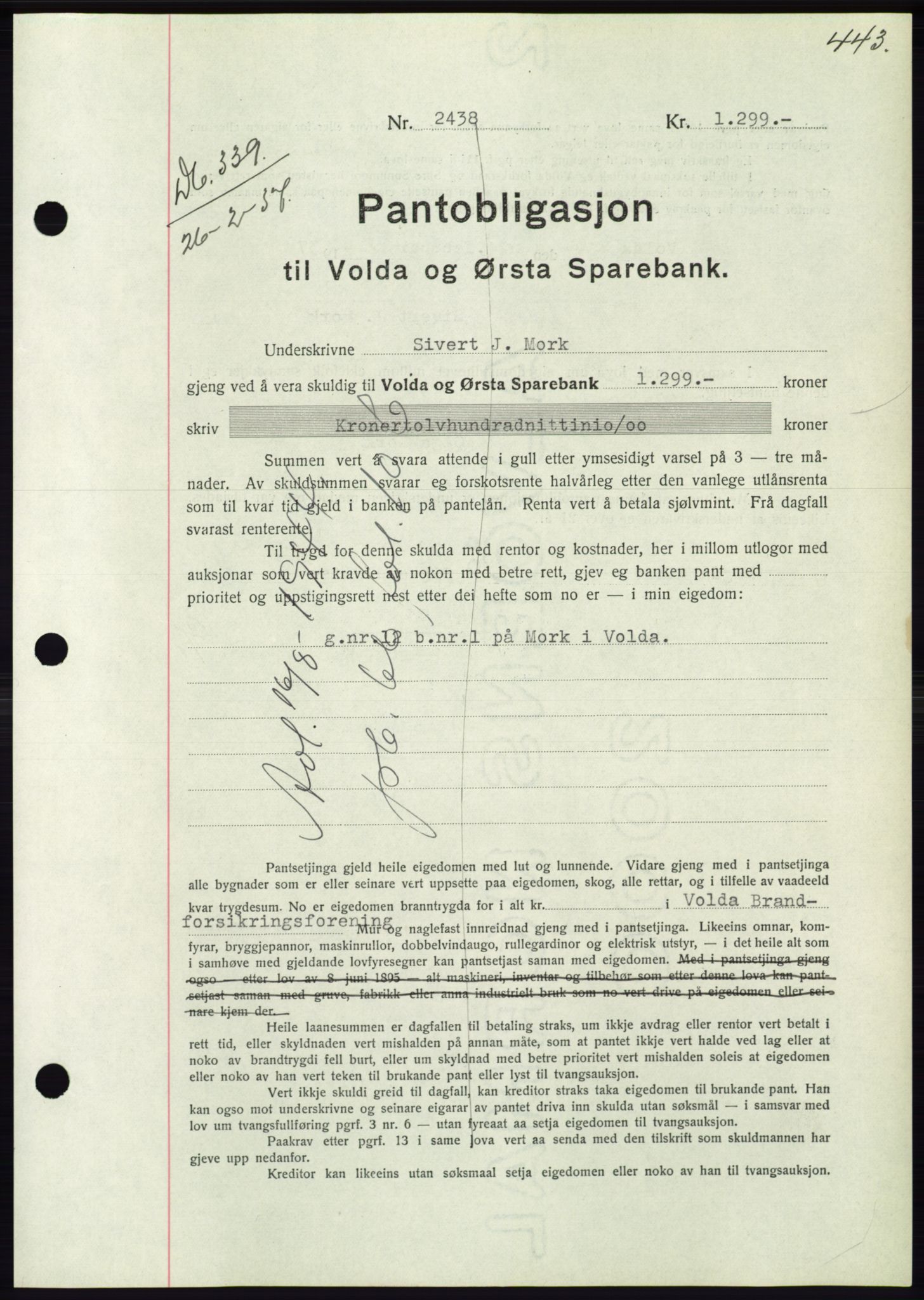 Søre Sunnmøre sorenskriveri, SAT/A-4122/1/2/2C/L0062: Mortgage book no. 56, 1936-1937, Diary no: : 339/1937