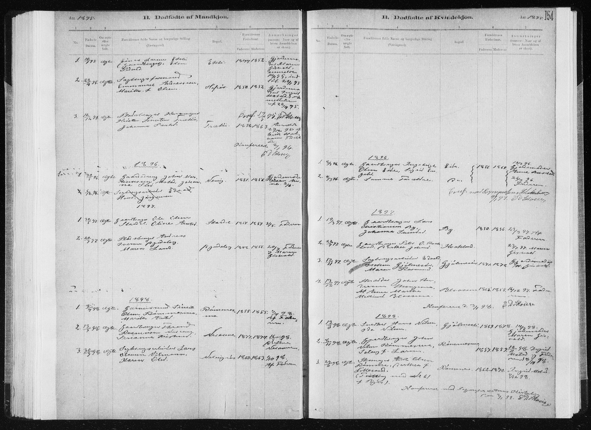 Ministerialprotokoller, klokkerbøker og fødselsregistre - Sør-Trøndelag, SAT/A-1456/668/L0818: Parish register (copy) no. 668C07, 1885-1898, p. 154