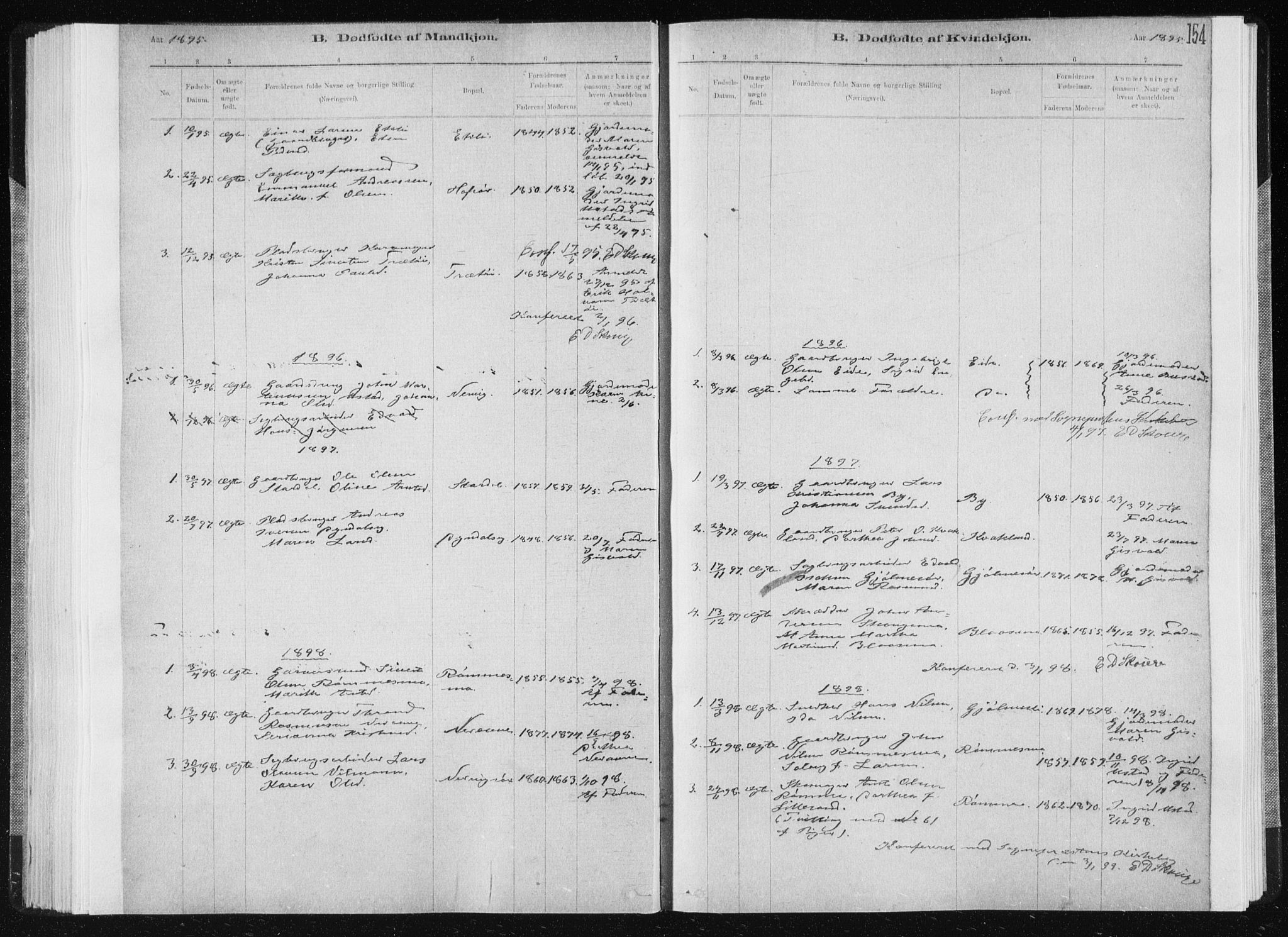 Ministerialprotokoller, klokkerbøker og fødselsregistre - Sør-Trøndelag, AV/SAT-A-1456/668/L0818: Parish register (copy) no. 668C07, 1885-1898, p. 154