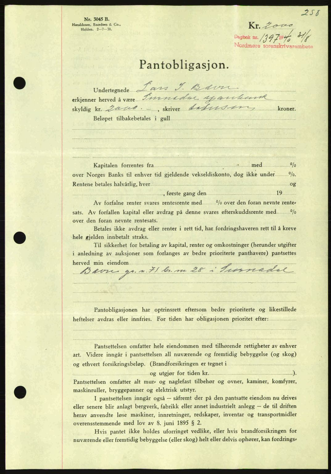 Nordmøre sorenskriveri, AV/SAT-A-4132/1/2/2Ca: Mortgage book no. B87, 1940-1941, Diary no: : 1397/1940