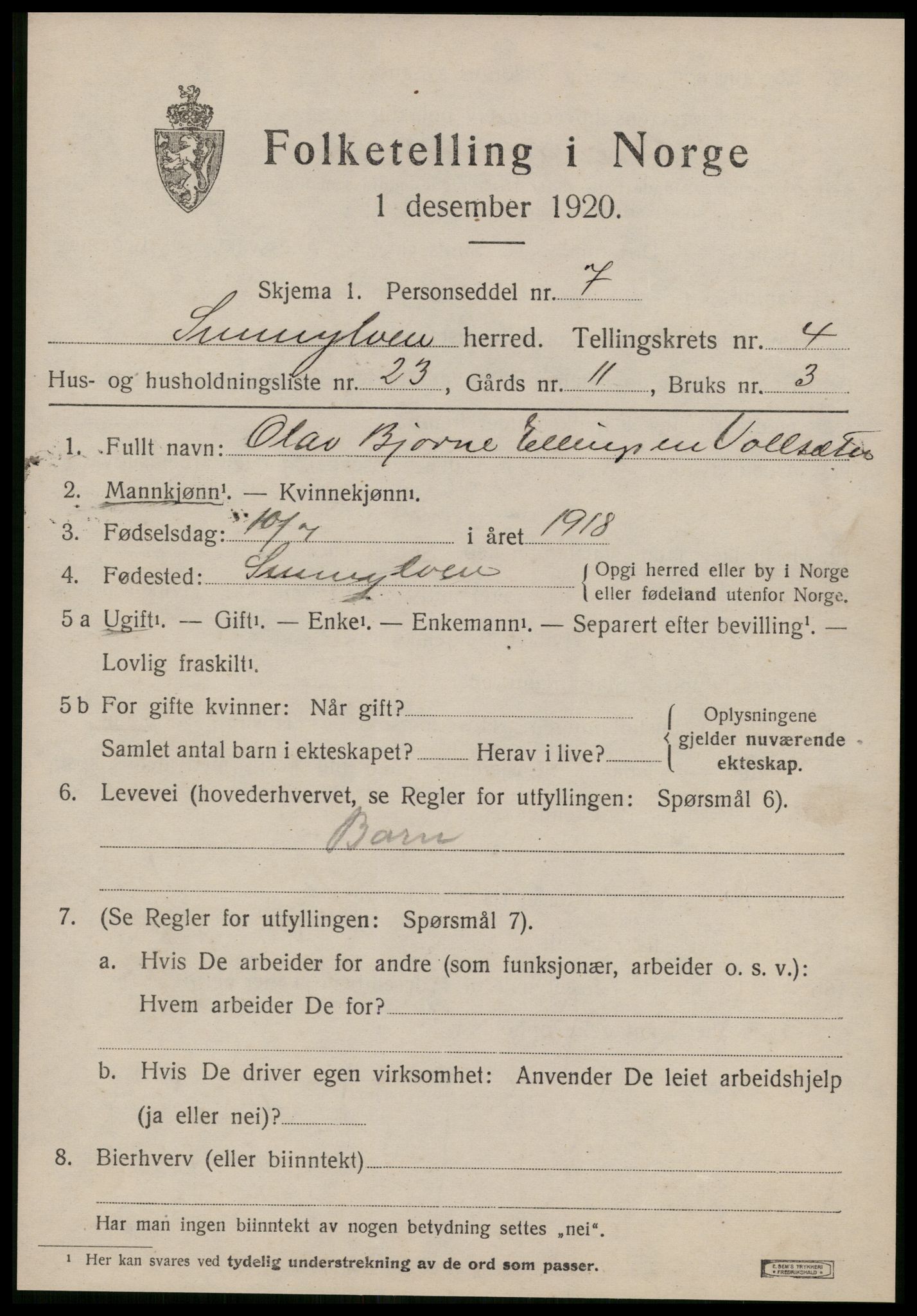 SAT, 1920 census for Sunnylven, 1920, p. 2152