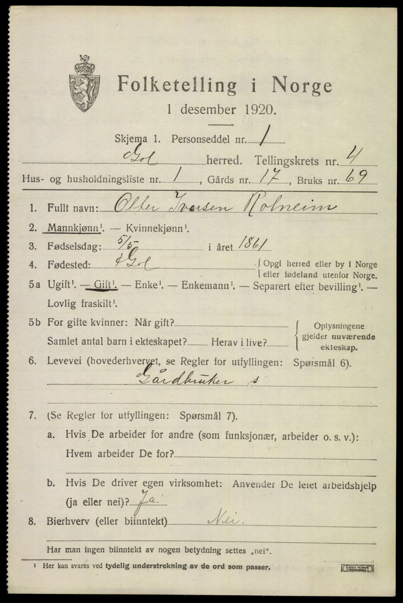 SAKO, 1920 census for Gol, 1920, p. 2730