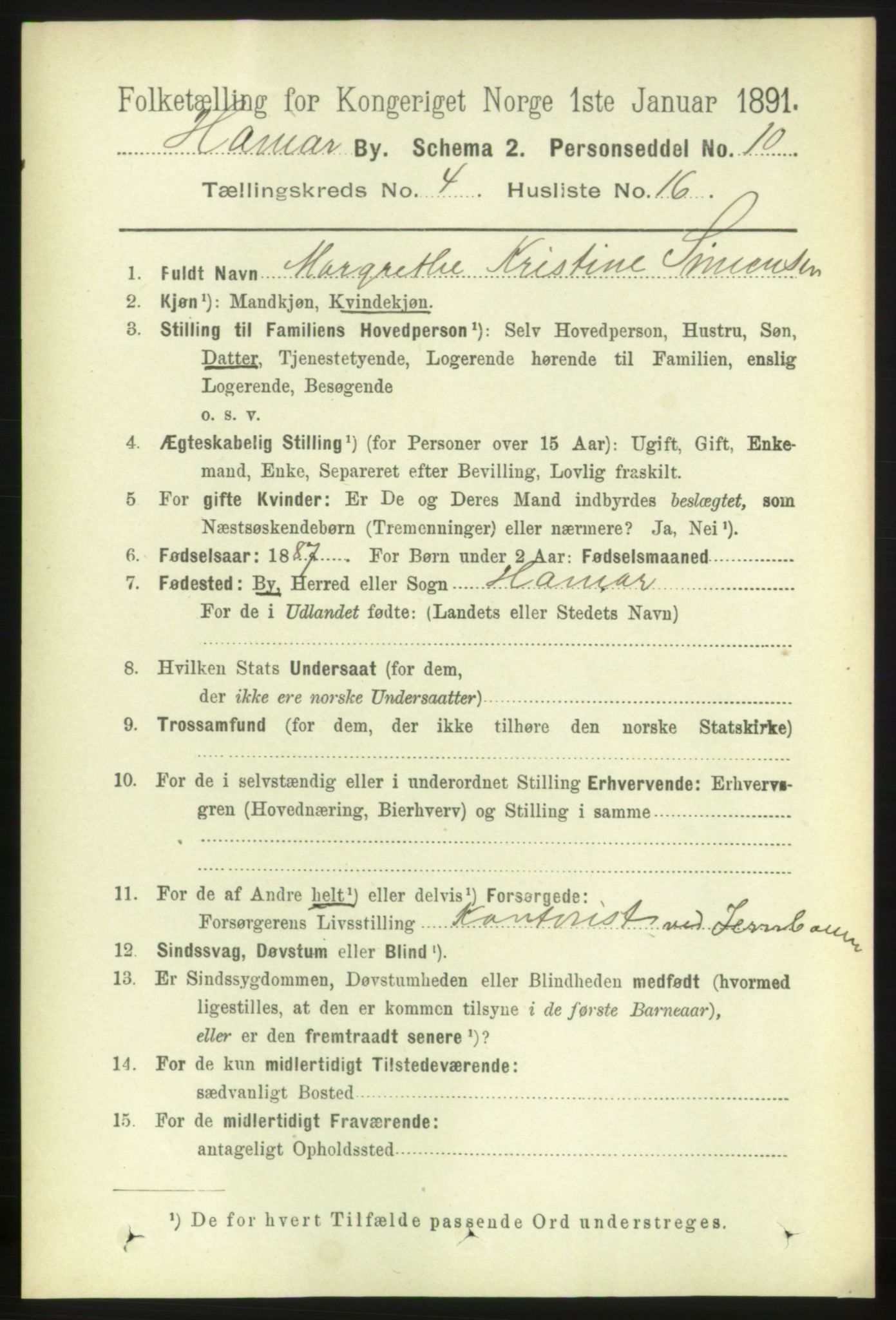 RA, 1891 census for 0401 Hamar, 1891, p. 3082