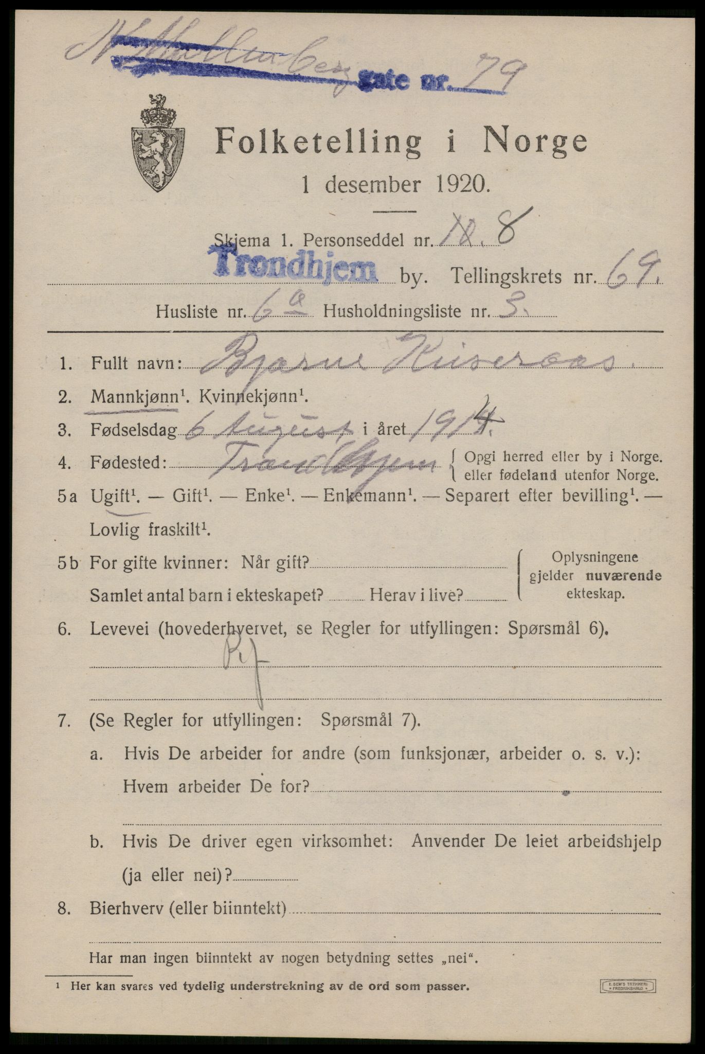 SAT, 1920 census for Trondheim, 1920, p. 133664