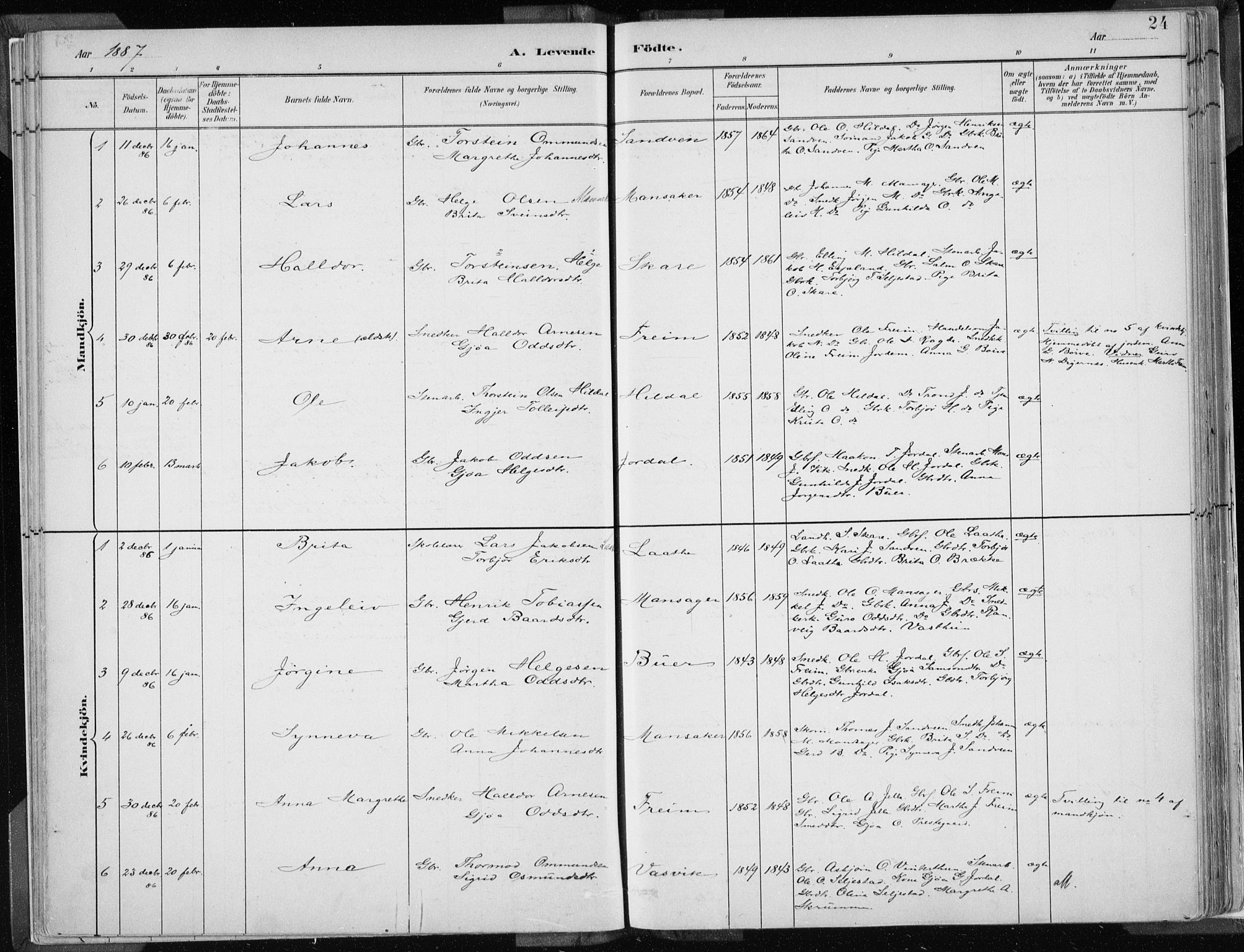 Odda Sokneprestembete, SAB/A-77201/H/Haa: Parish register (official) no. A  3, 1882-1913, p. 24