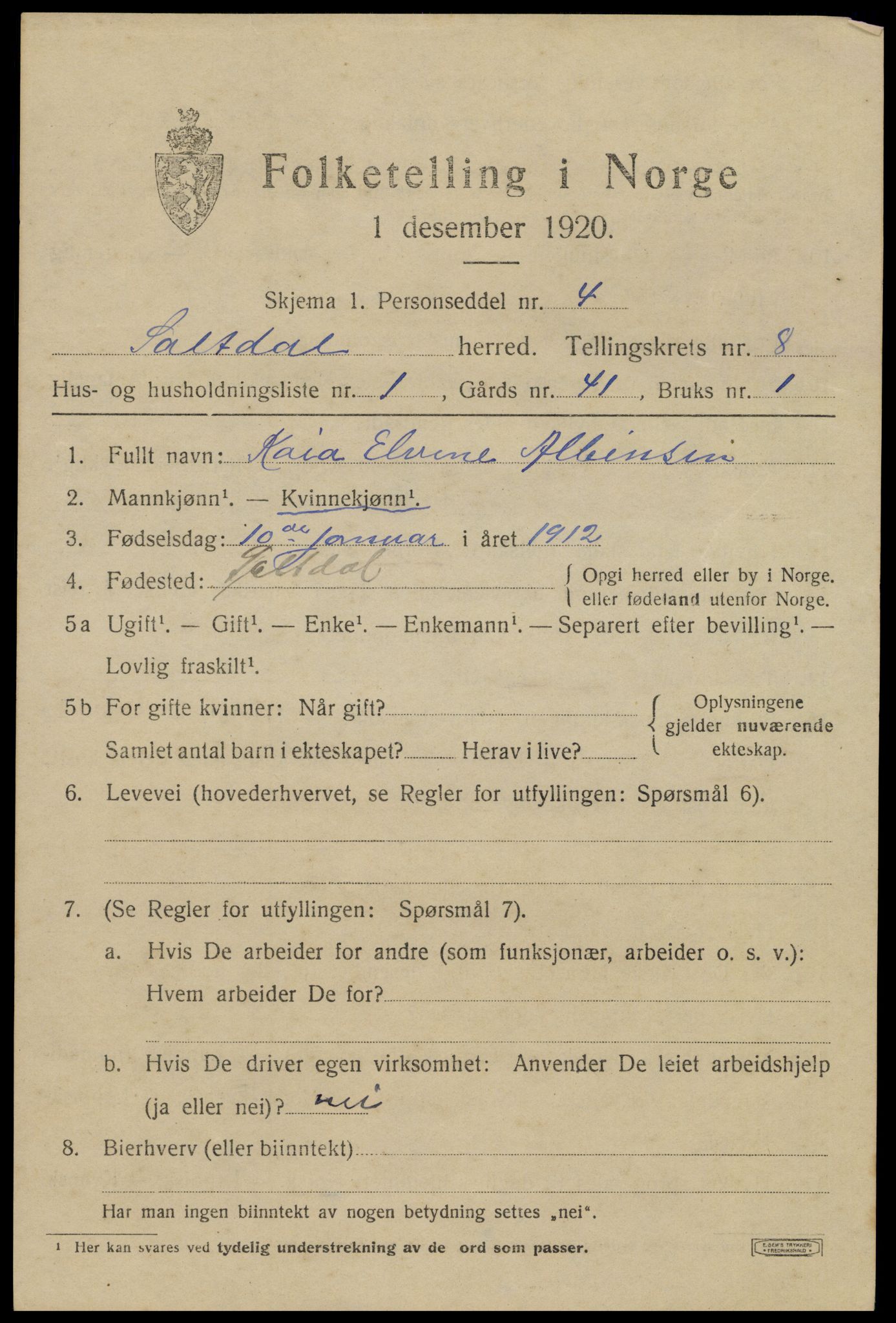 SAT, 1920 census for Saltdal, 1920, p. 8519