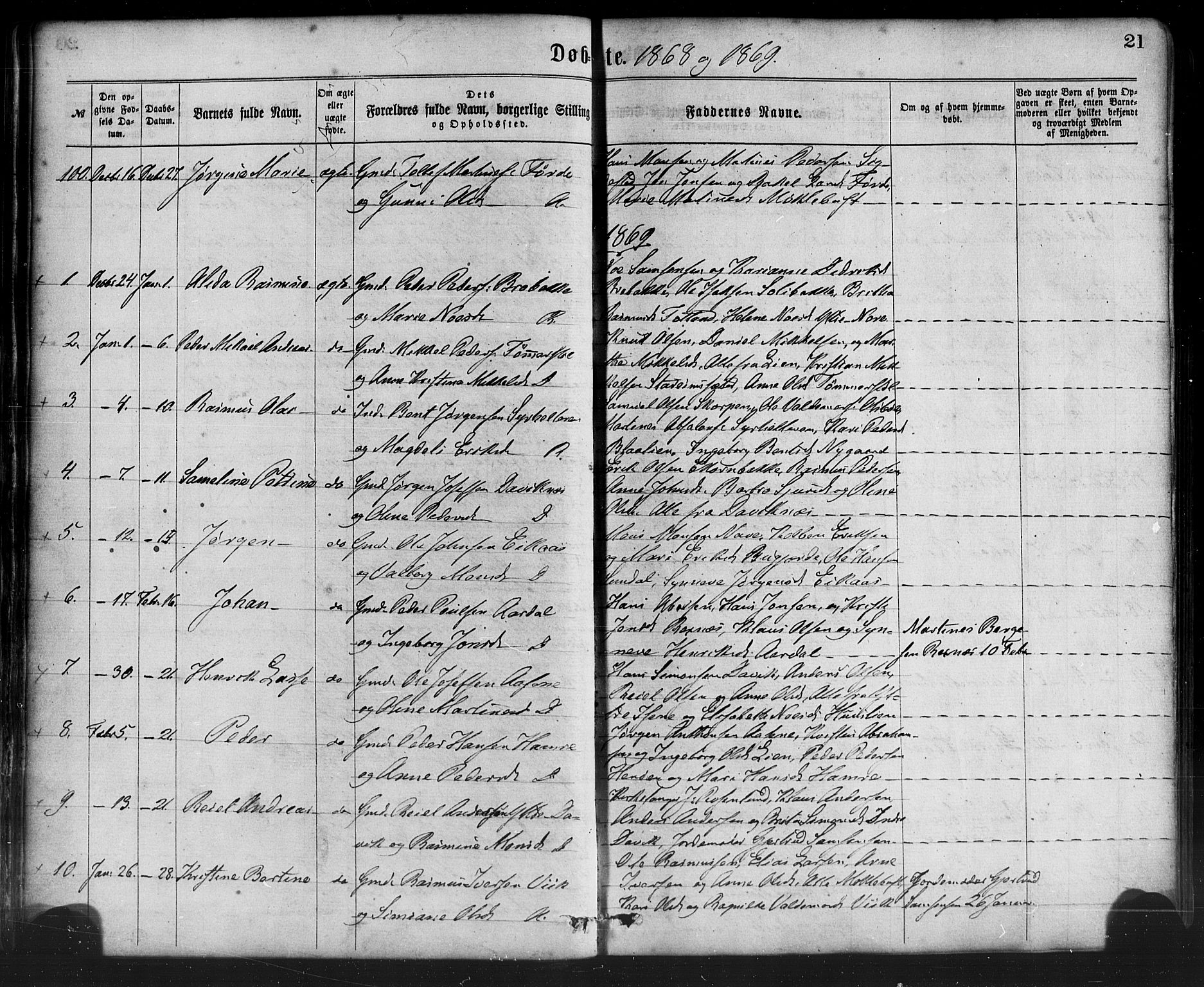 Davik sokneprestembete, SAB/A-79701/H/Haa/Haaa/L0006: Parish register (official) no. A 6, 1867-1881, p. 21
