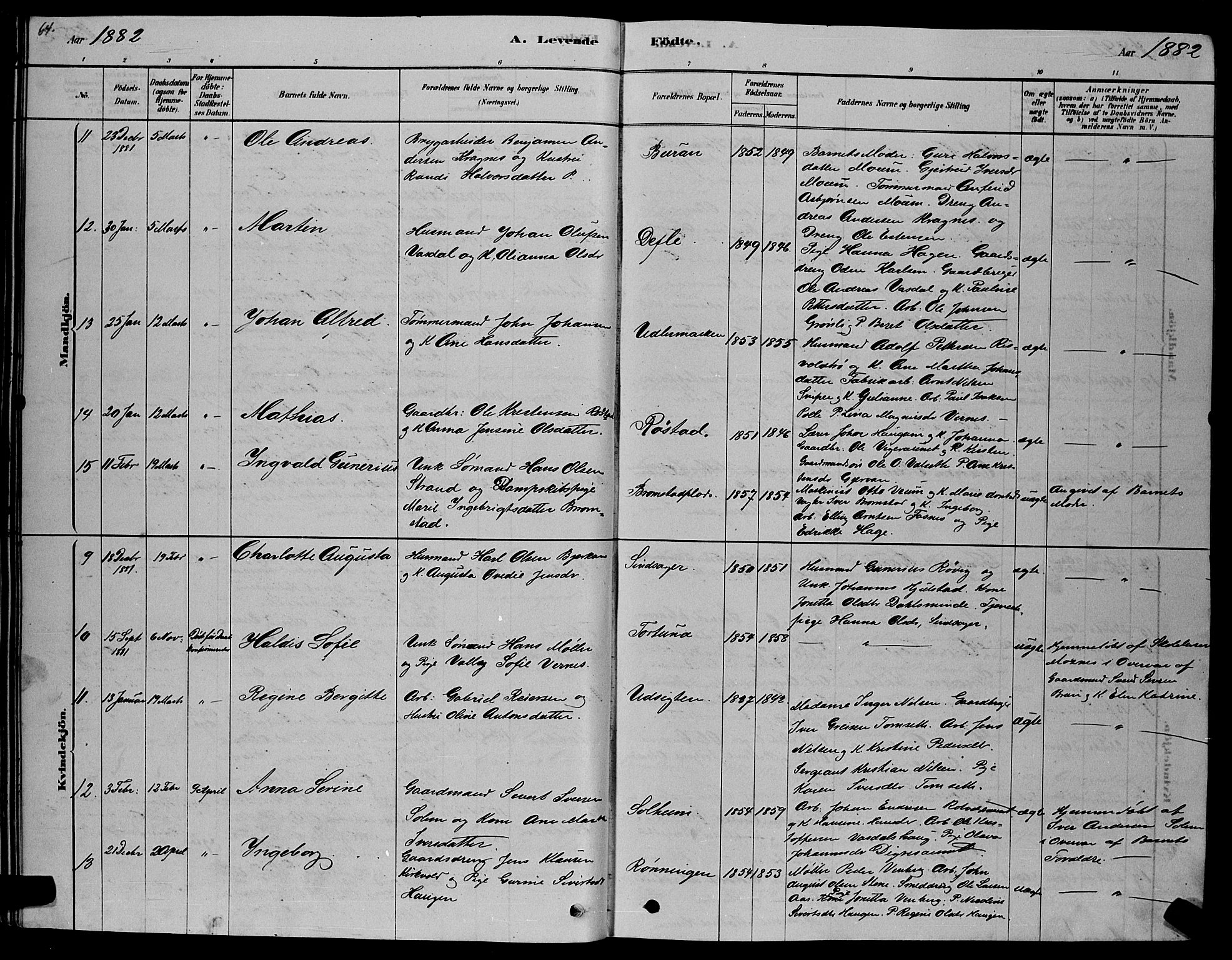 Ministerialprotokoller, klokkerbøker og fødselsregistre - Sør-Trøndelag, AV/SAT-A-1456/606/L0312: Parish register (copy) no. 606C08, 1878-1894, p. 64