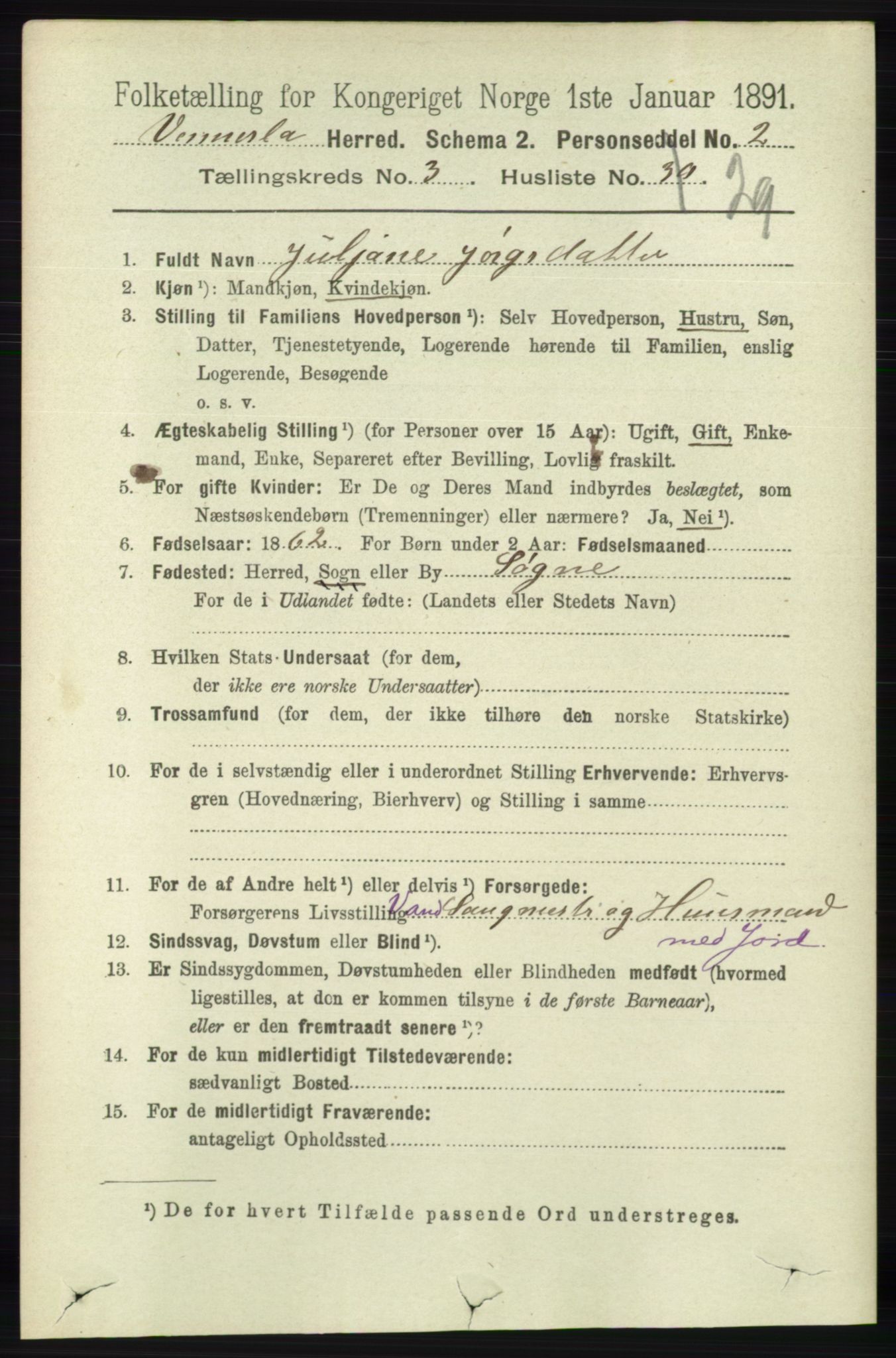 RA, 1891 census for 1014 Vennesla, 1891, p. 821
