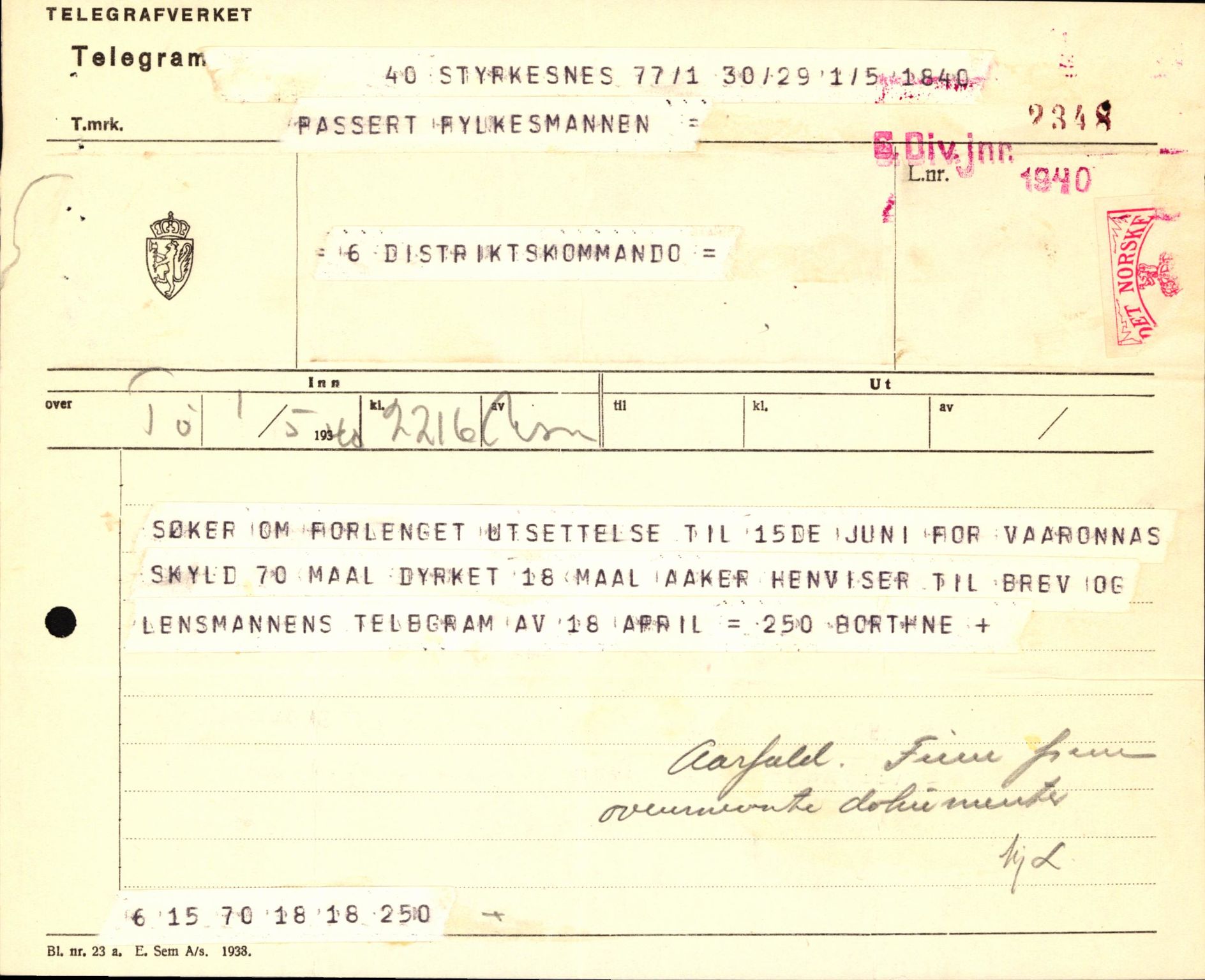 Forsvaret, Forsvarets krigshistoriske avdeling, AV/RA-RAFA-2017/Y/Yb/L0123: II-C-11-600  -  6. Divisjon med avdelinger, 1940, p. 442