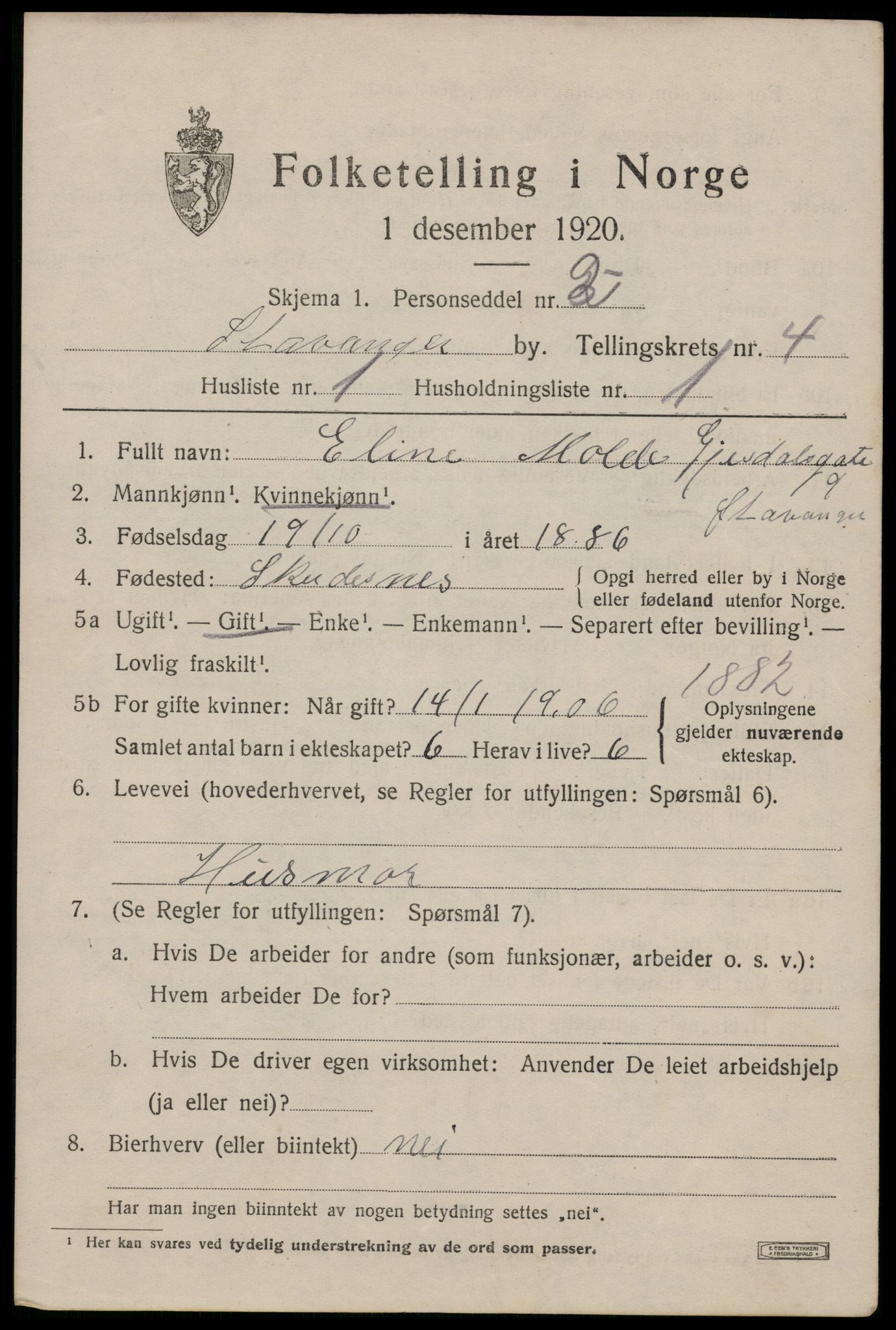 SAST, 1920 census for Stavanger, 1920, p. 37066