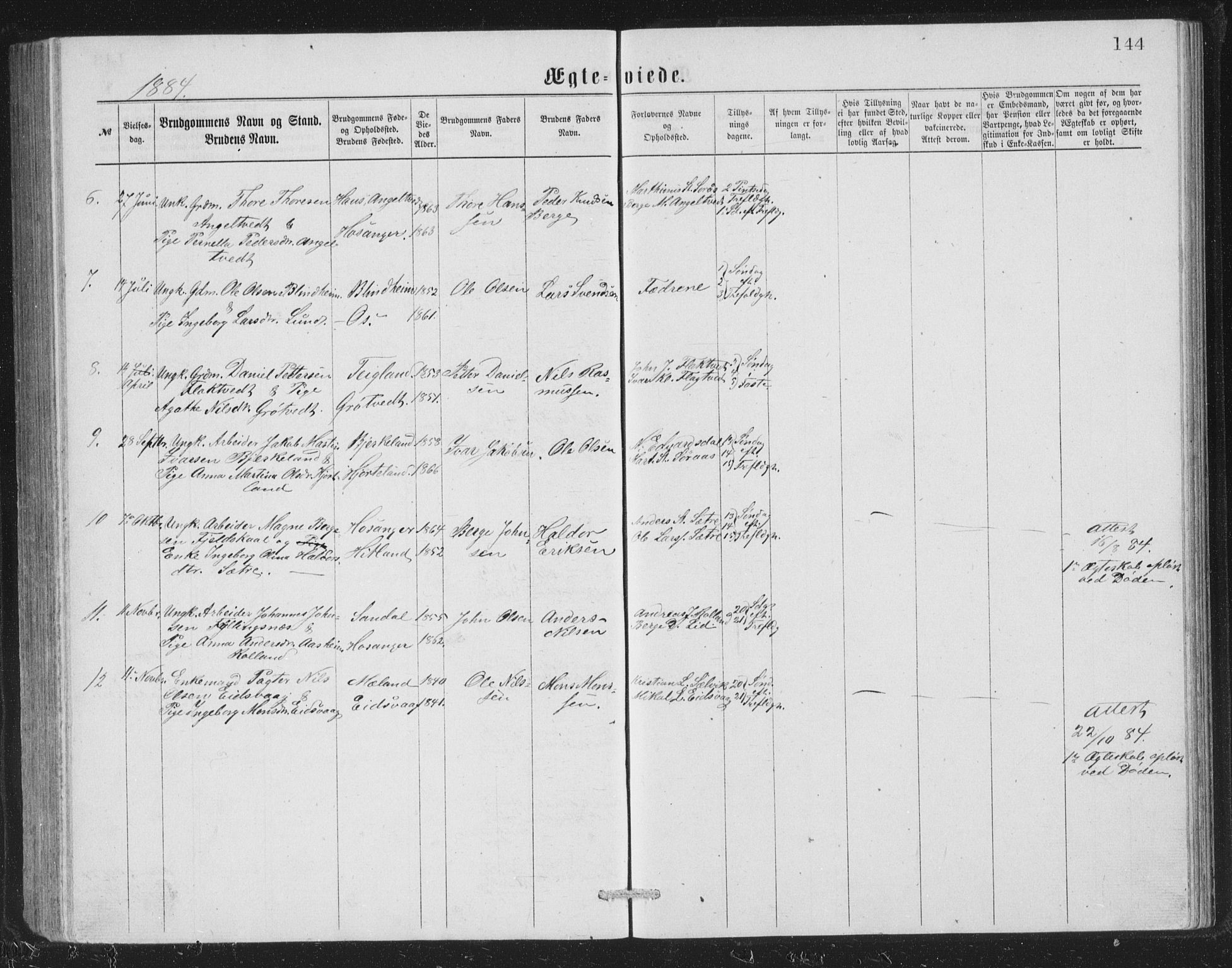 Åsane sokneprestembete, AV/SAB-A-79401/H/Hab: Parish register (copy) no. A 1, 1870-1884, p. 144