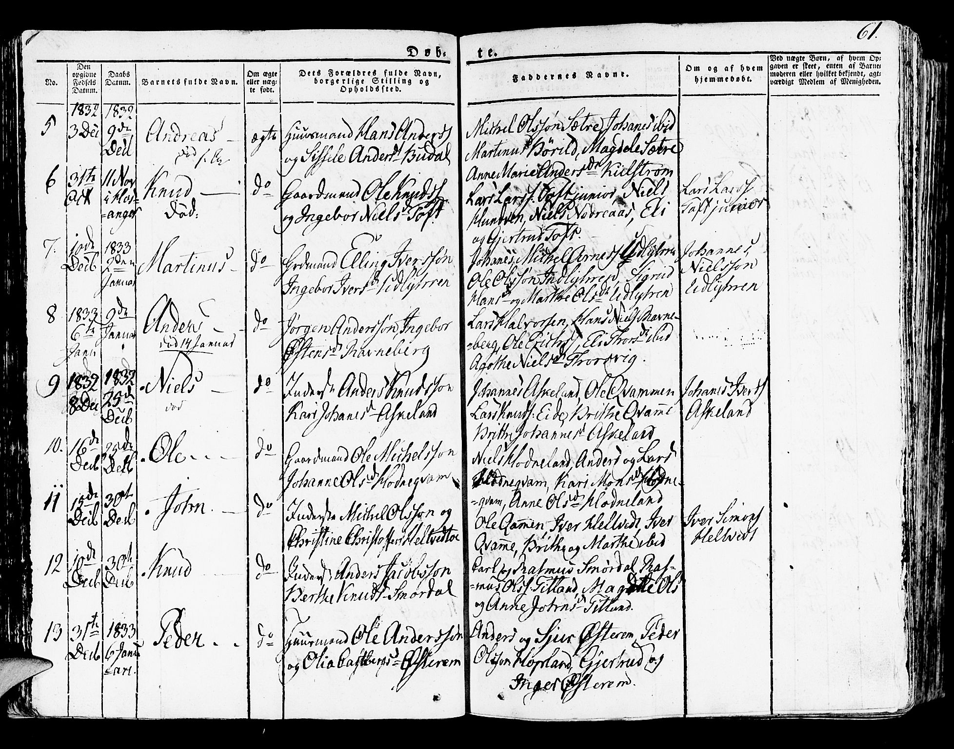 Lindås Sokneprestembete, SAB/A-76701/H/Haa: Parish register (official) no. A 8, 1823-1836, p. 61