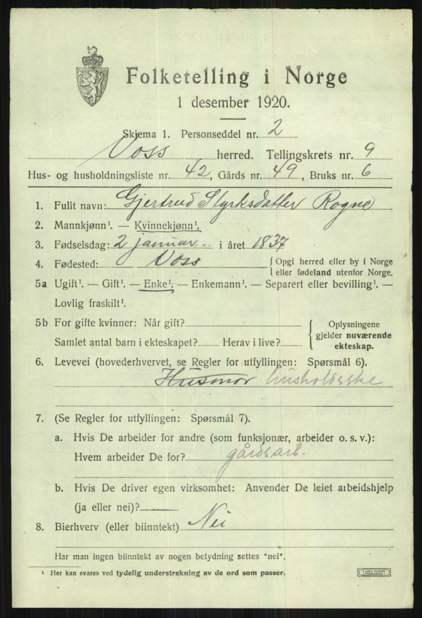 SAB, 1920 census for Voss, 1920, p. 9315