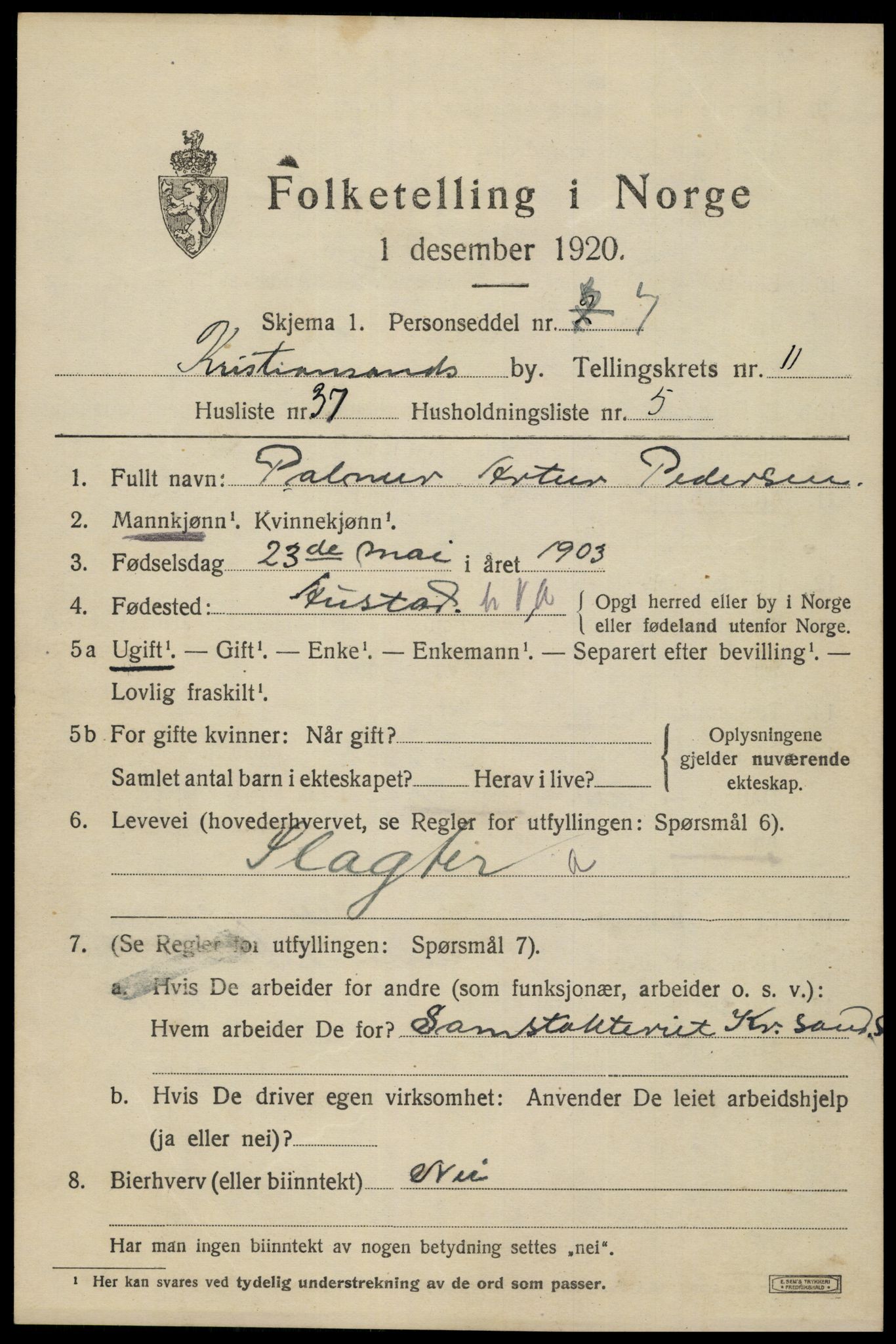 SAK, 1920 census for Kristiansand, 1920, p. 25359