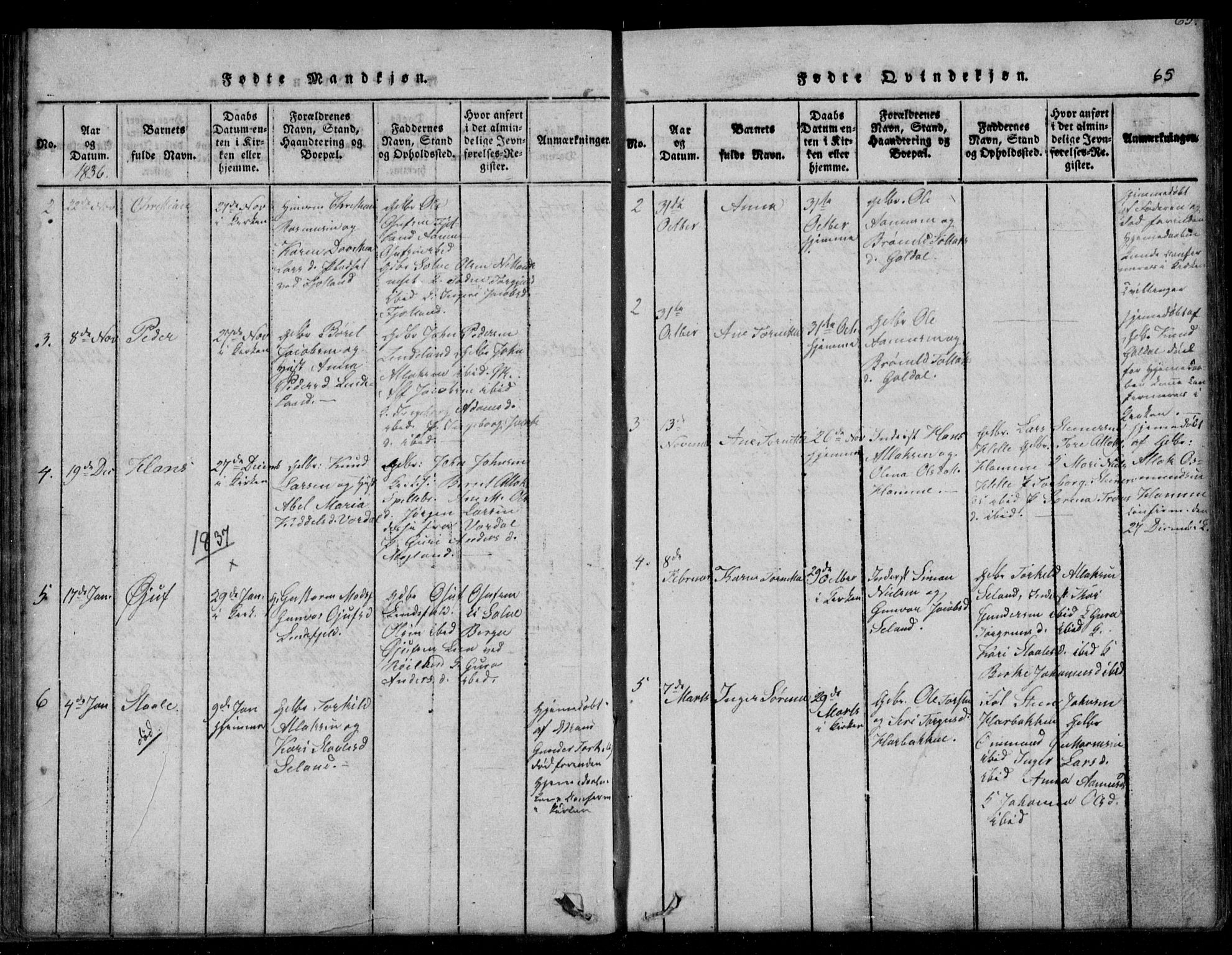 Fjotland sokneprestkontor, AV/SAK-1111-0010/F/Fb/L0001: Parish register (copy) no. B 1, 1816-1849, p. 65