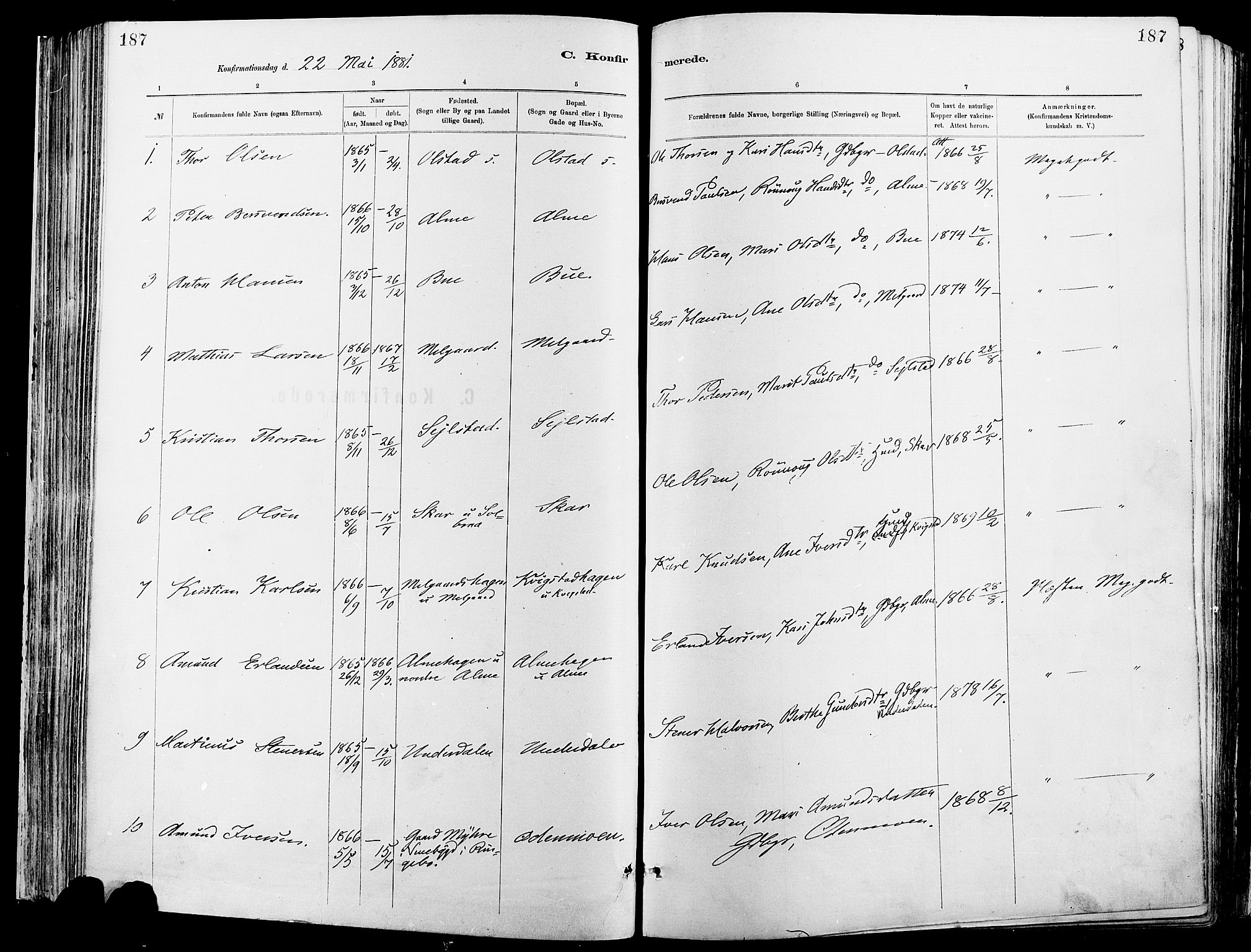 Sør-Fron prestekontor, SAH/PREST-010/H/Ha/Haa/L0003: Parish register (official) no. 3, 1881-1897, p. 187