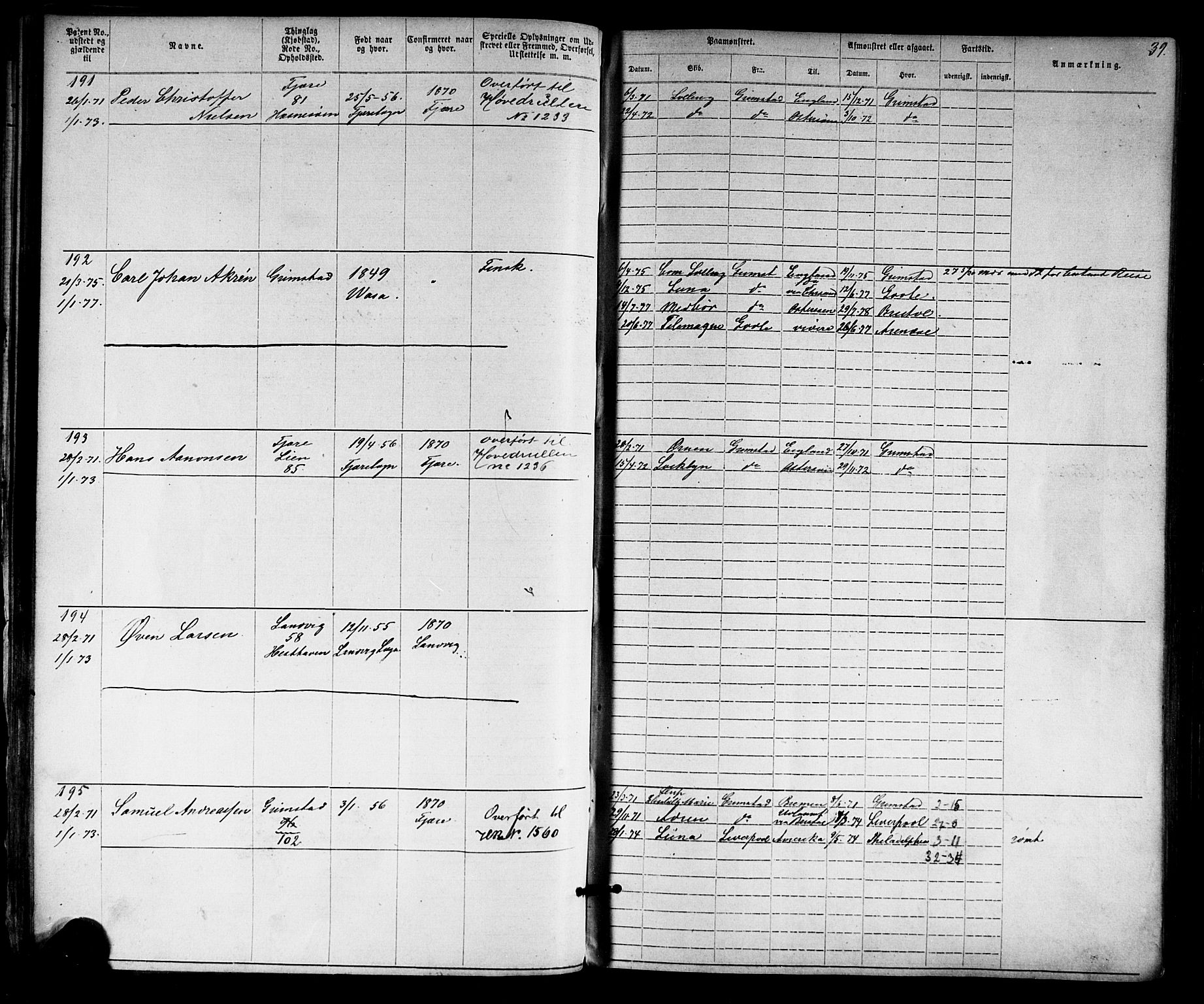 Grimstad mønstringskrets, SAK/2031-0013/F/Fa/L0005: Annotasjonsrulle nr 1-1910 med register, V-18, 1870-1892, p. 62