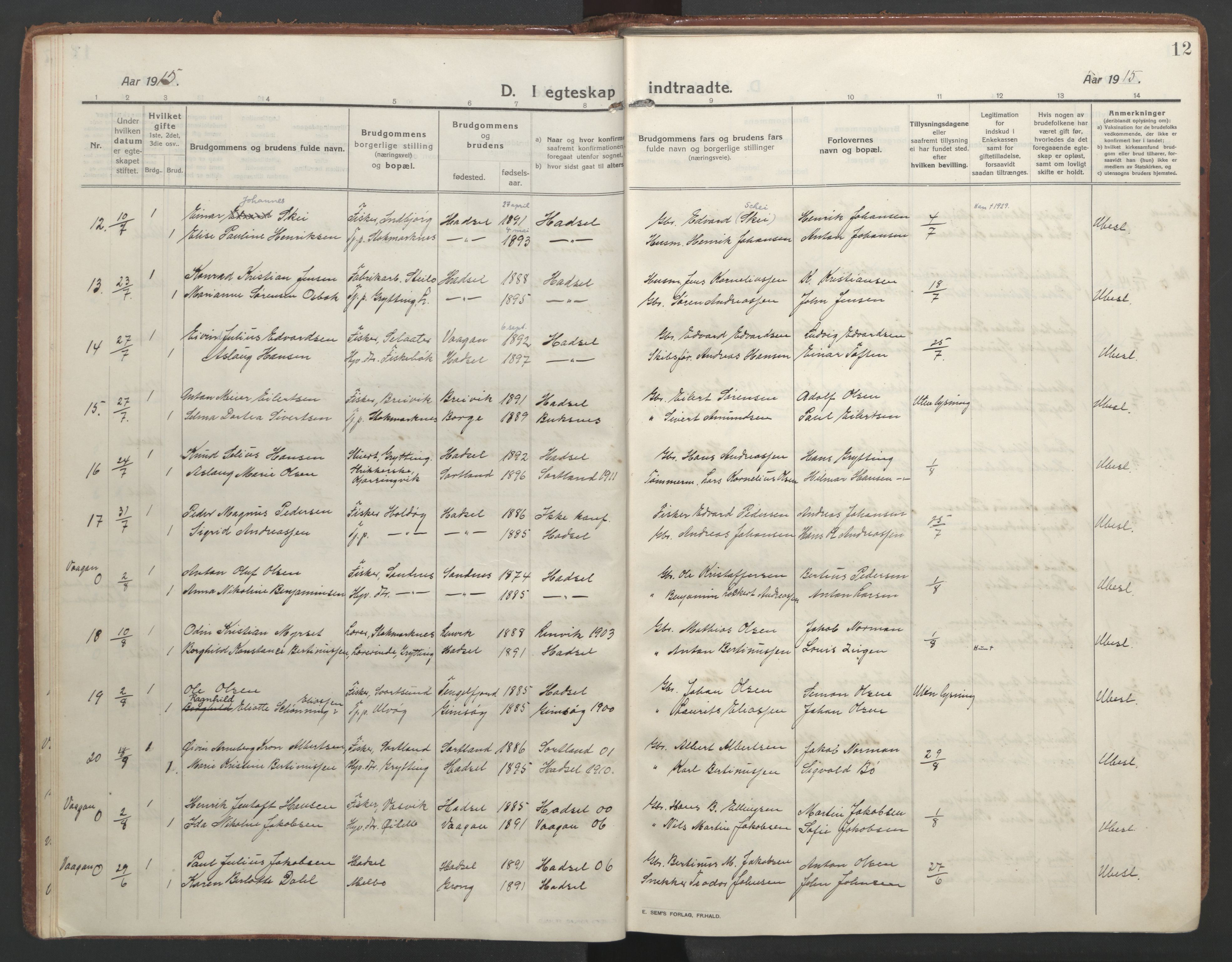 Ministerialprotokoller, klokkerbøker og fødselsregistre - Nordland, AV/SAT-A-1459/888/L1251: Parish register (official) no. 888A17, 1913-1925, p. 12