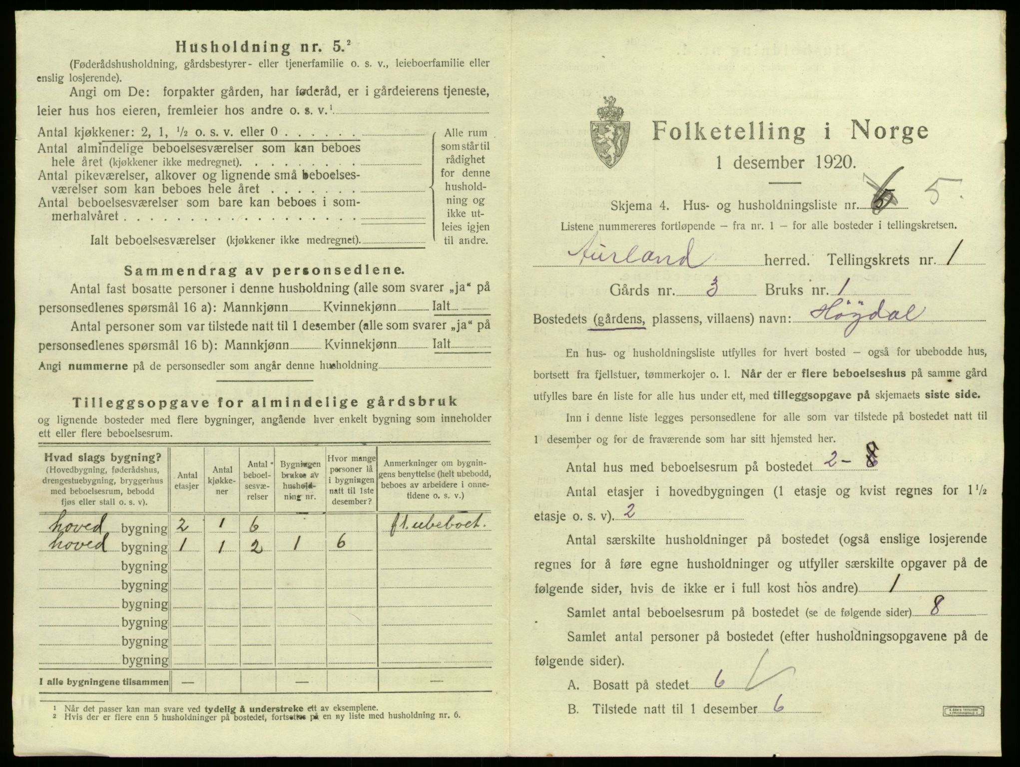 SAB, 1920 census for Aurland, 1920, p. 47