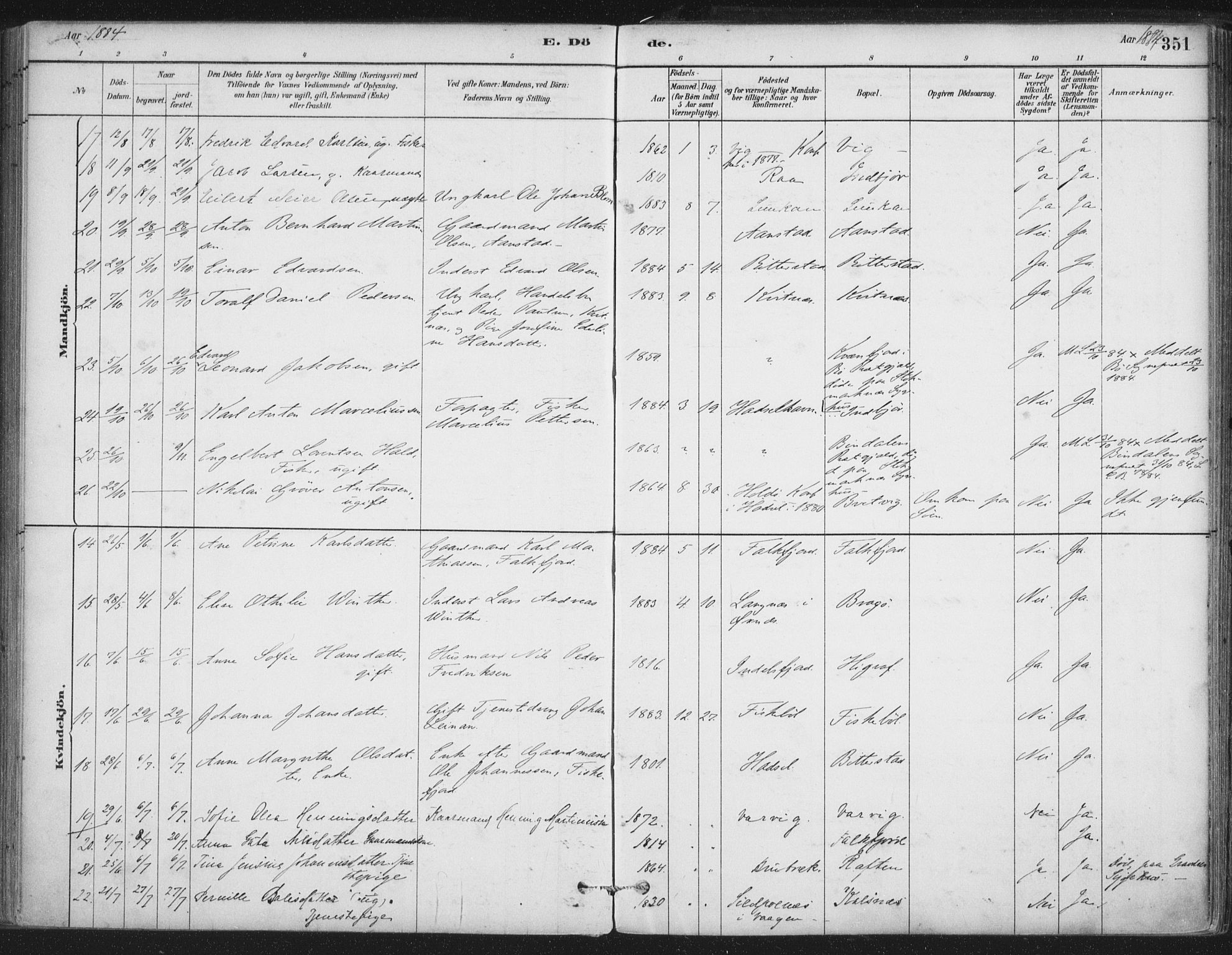 Ministerialprotokoller, klokkerbøker og fødselsregistre - Nordland, SAT/A-1459/888/L1244: Parish register (official) no. 888A10, 1880-1890, p. 351