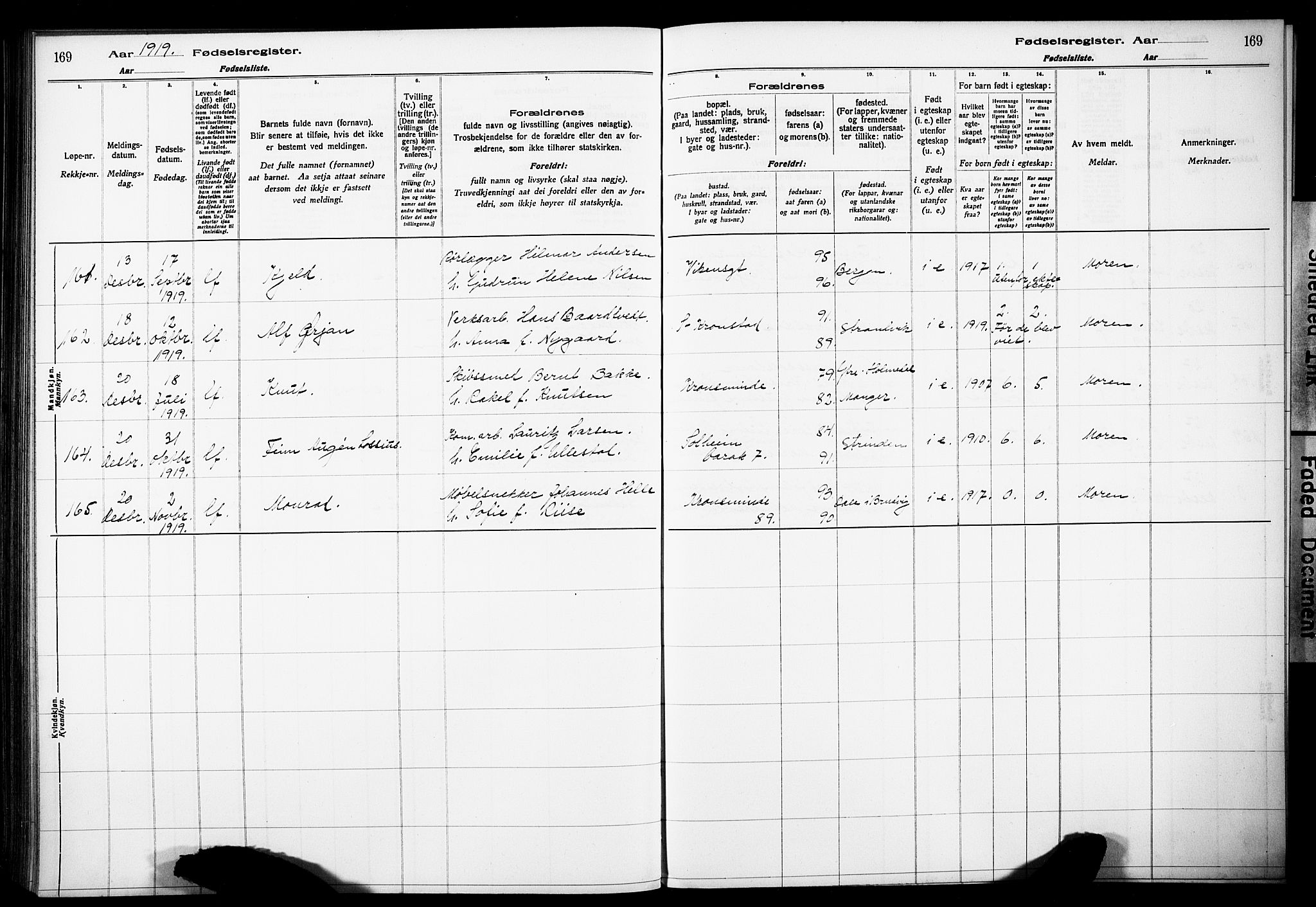 Årstad Sokneprestembete, AV/SAB-A-79301/I/Id/L0A01: Birth register no. A 1, 1916-1920, p. 169