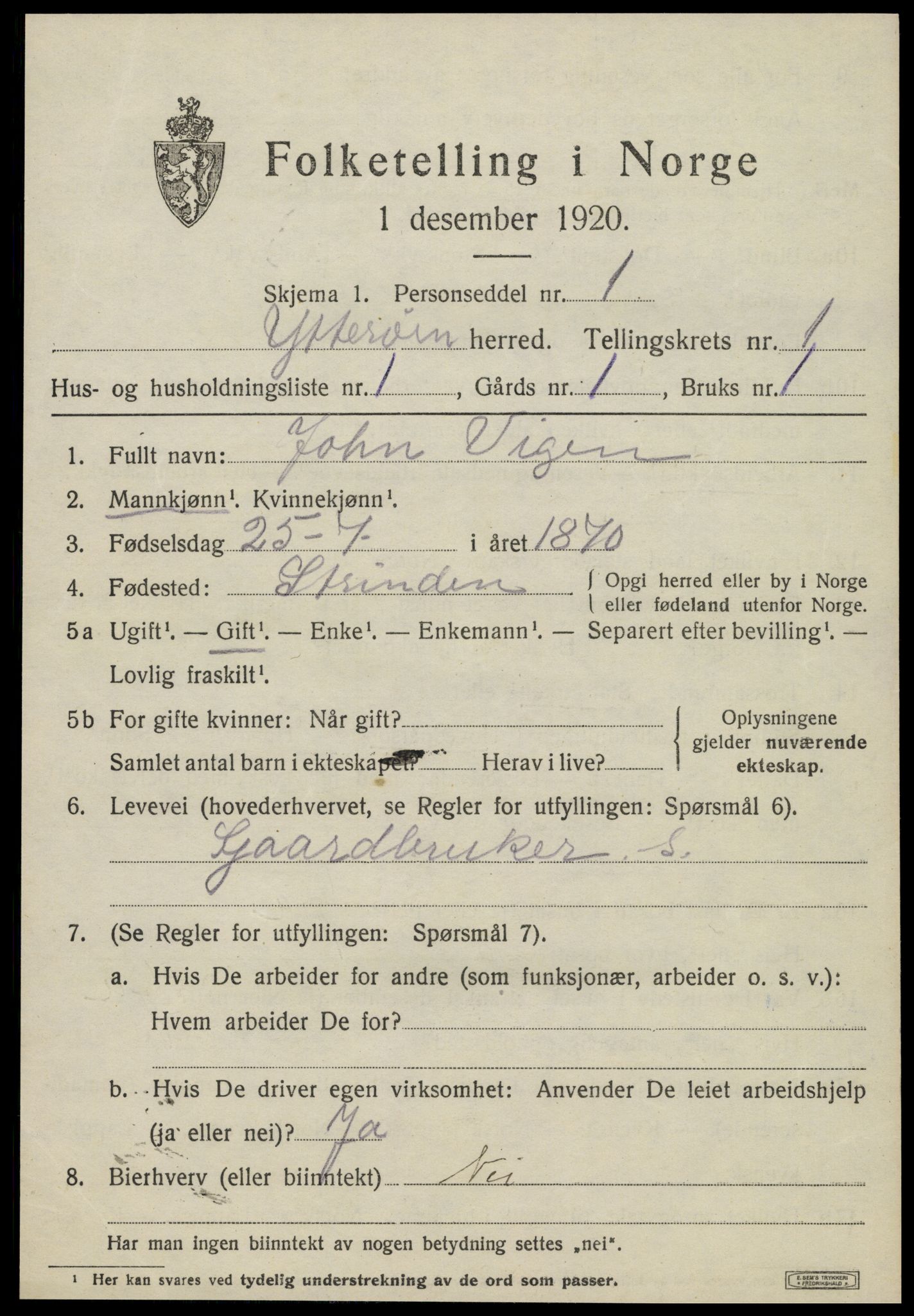 SAT, 1920 census for Ytterøy, 1920, p. 341