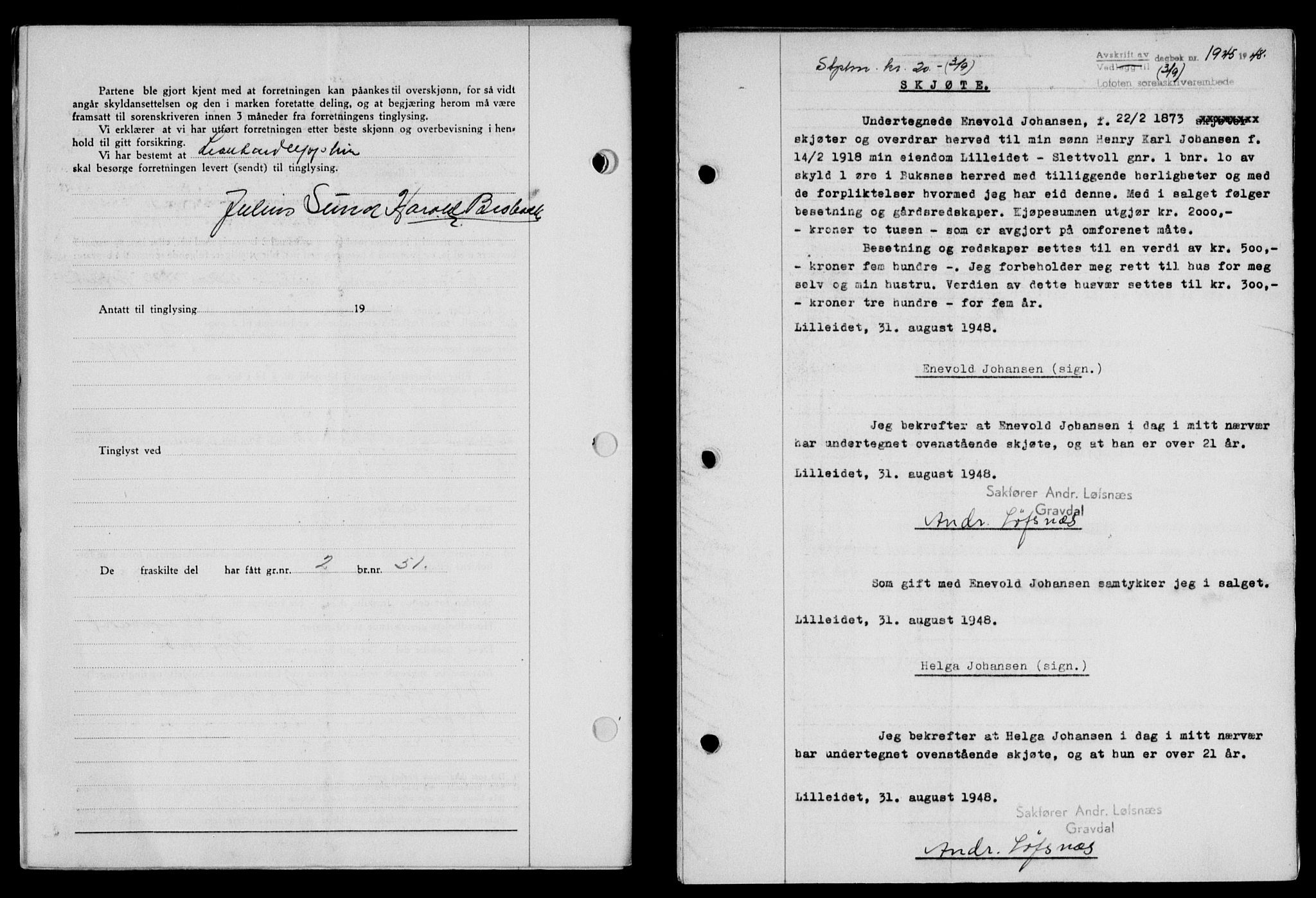 Lofoten sorenskriveri, SAT/A-0017/1/2/2C/L0019a: Mortgage book no. 19a, 1948-1948, Diary no: : 1945/1948