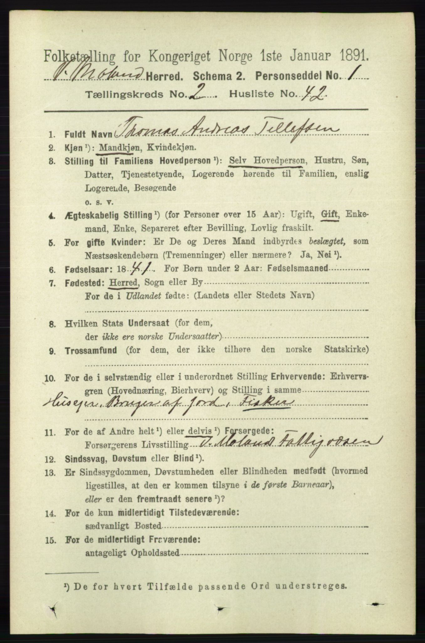 RA, 1891 census for 0926 Vestre Moland, 1891, p. 837
