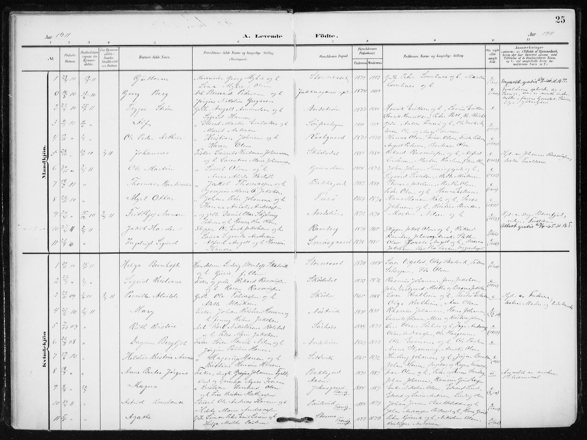 Tranøy sokneprestkontor, SATØ/S-1313/I/Ia/Iaa/L0012kirke: Parish register (official) no. 12, 1905-1918, p. 25